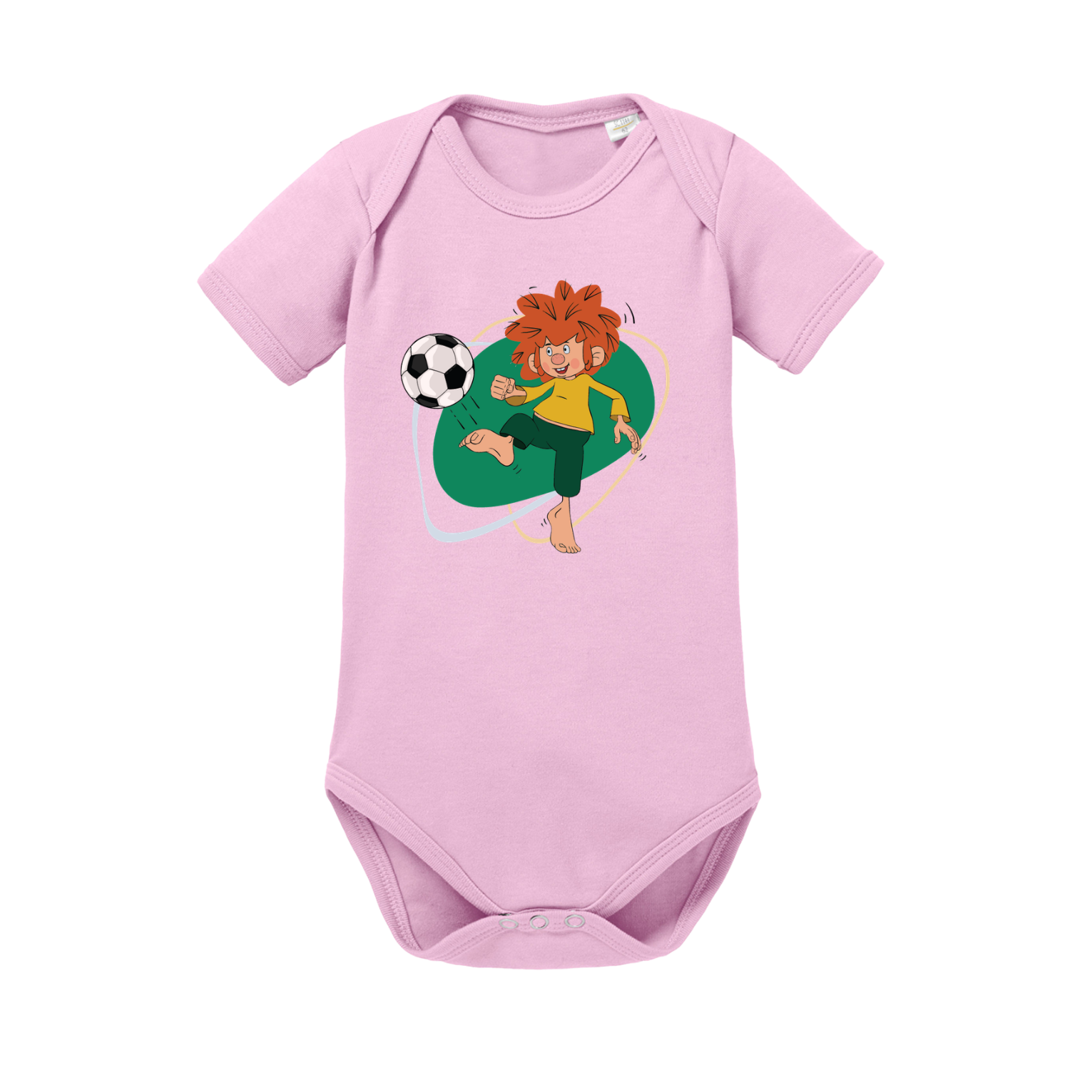 Rosafarbener Baby-Body mit Pumuckl Fußball-Motiv, auf hellgrünem Hintergrund, ideal für kleine Fans.