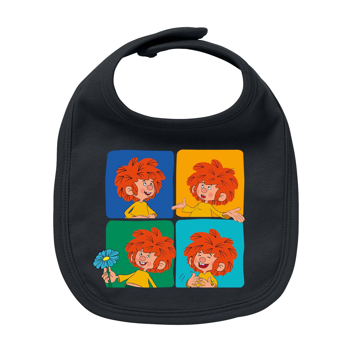 Schwarzes ®Pumuckl Lätzchen "Meisterwerk" für Babys mit vier Pumuckl-Motiven auf bunten Quadraten, kindgerecht und hautfreundlich.