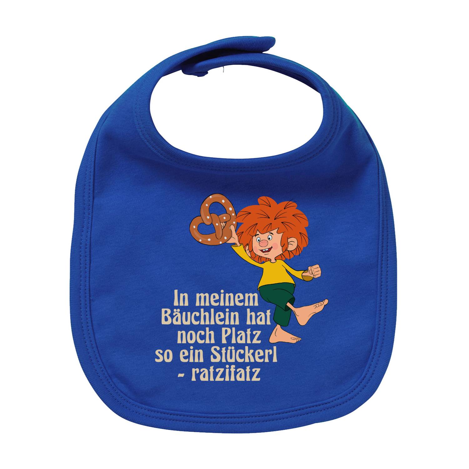 Pumuckl Lätzchen "Brezn Stückerl" in Blau mit lustigem Pumuckl-Motiv und Spruch "In meinem Bäuchlein hat noch Platz...".