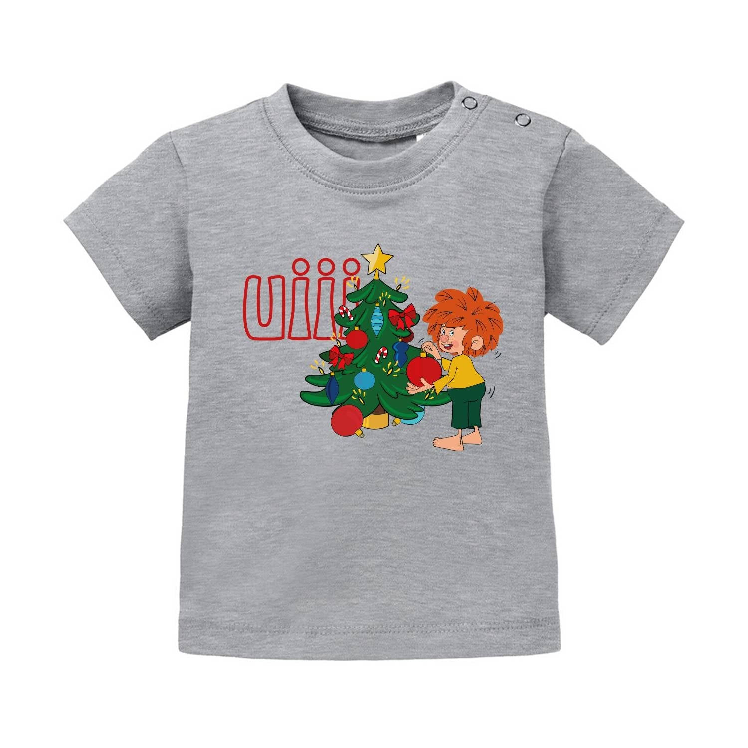 Graues ®Pumuckl Baby T-Shirt "uiii Weihnachten" mit Pumuckl beim Schmücken eines Weihnachtsbaums