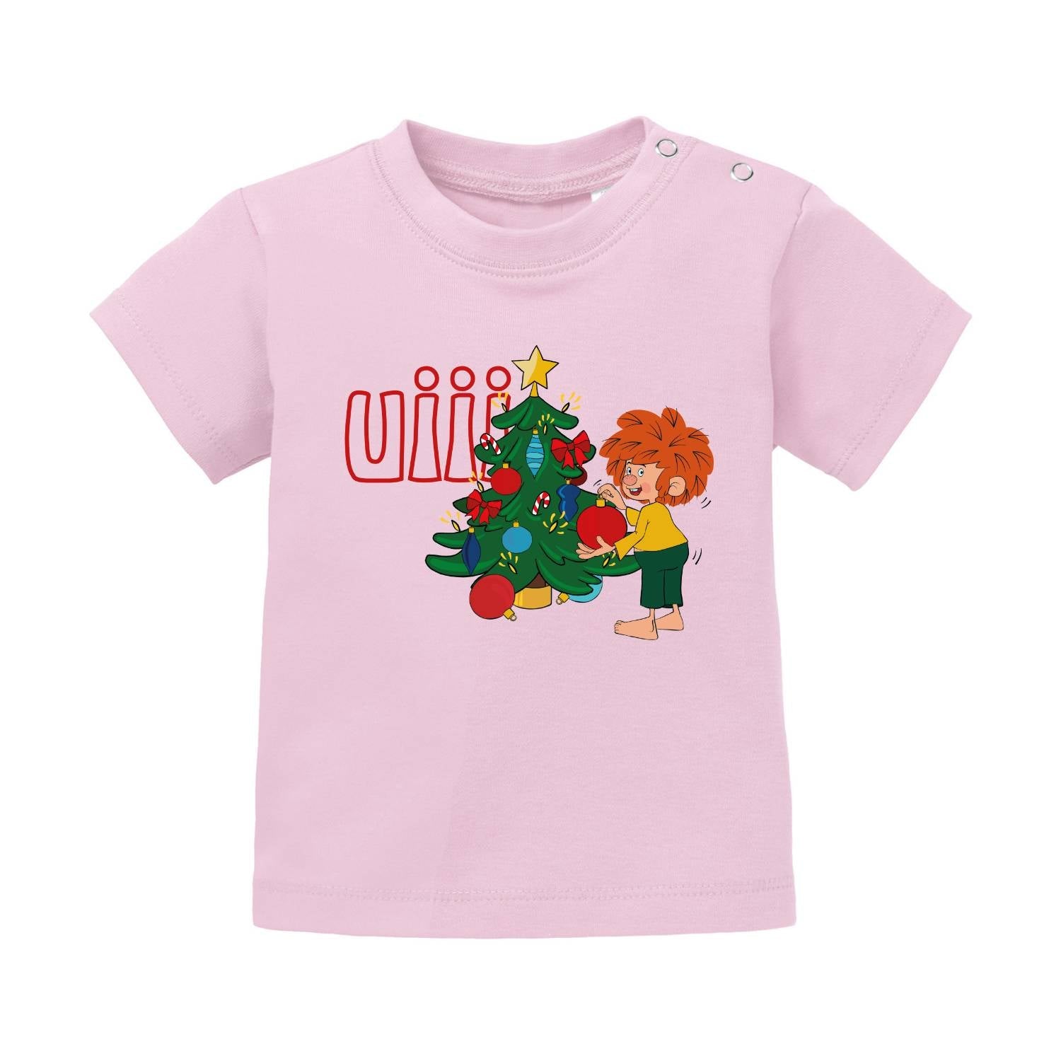 Rosafarbenes Pumuckl Baby T-Shirt "uiii Weihnachten" mit Pumuckl beim Schmücken des Weihnachtsbaums.