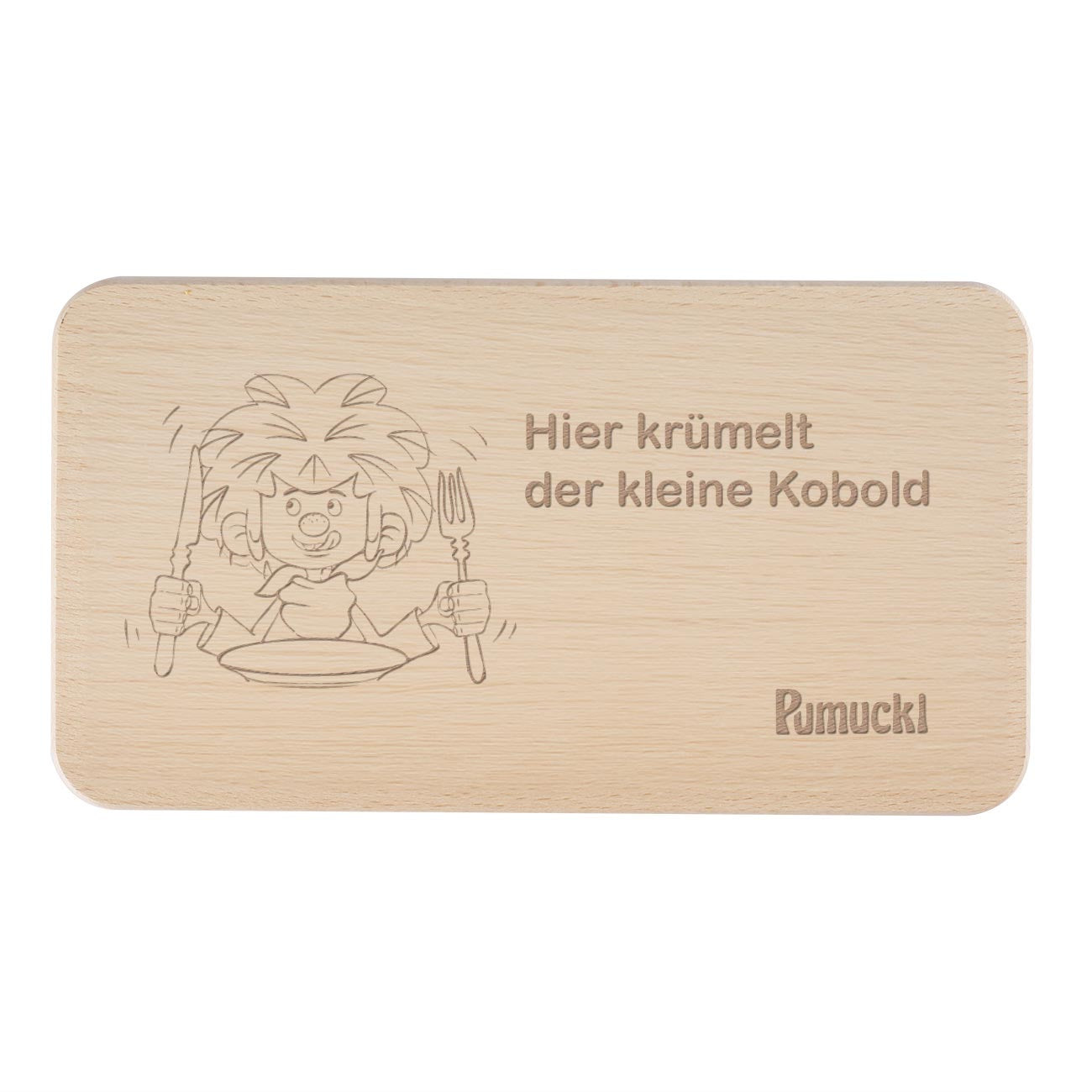 Rechteckiges Frühstücksbrett aus hellem Buchenholz mit Pumuckl-Motiv und gravierbarem Namensfeld.