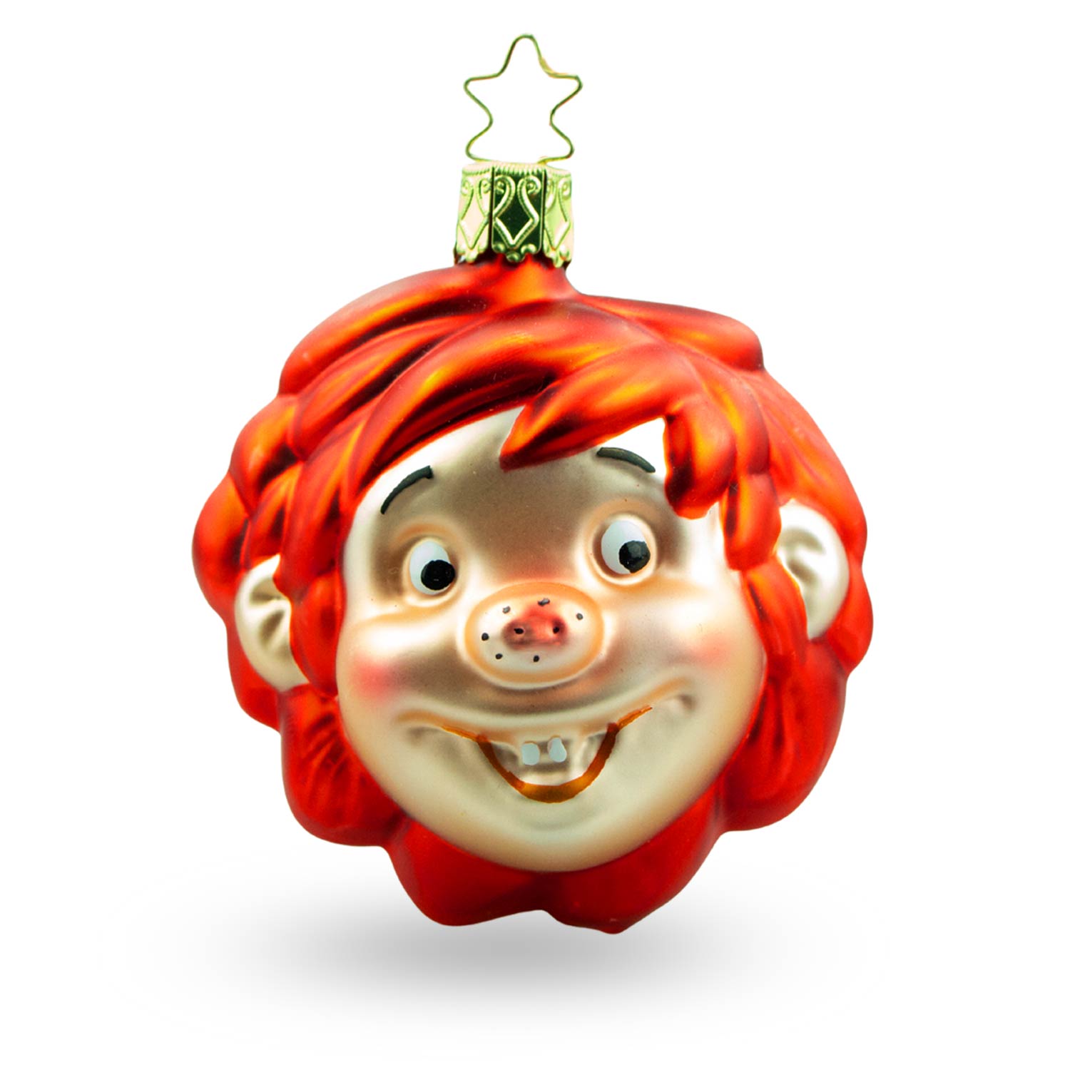 Mundgeblasene, handbemalte Glas-Weihnachtskugel mit Pumuckl-Motiv, runde Form, ca. 7 x 7 cm.