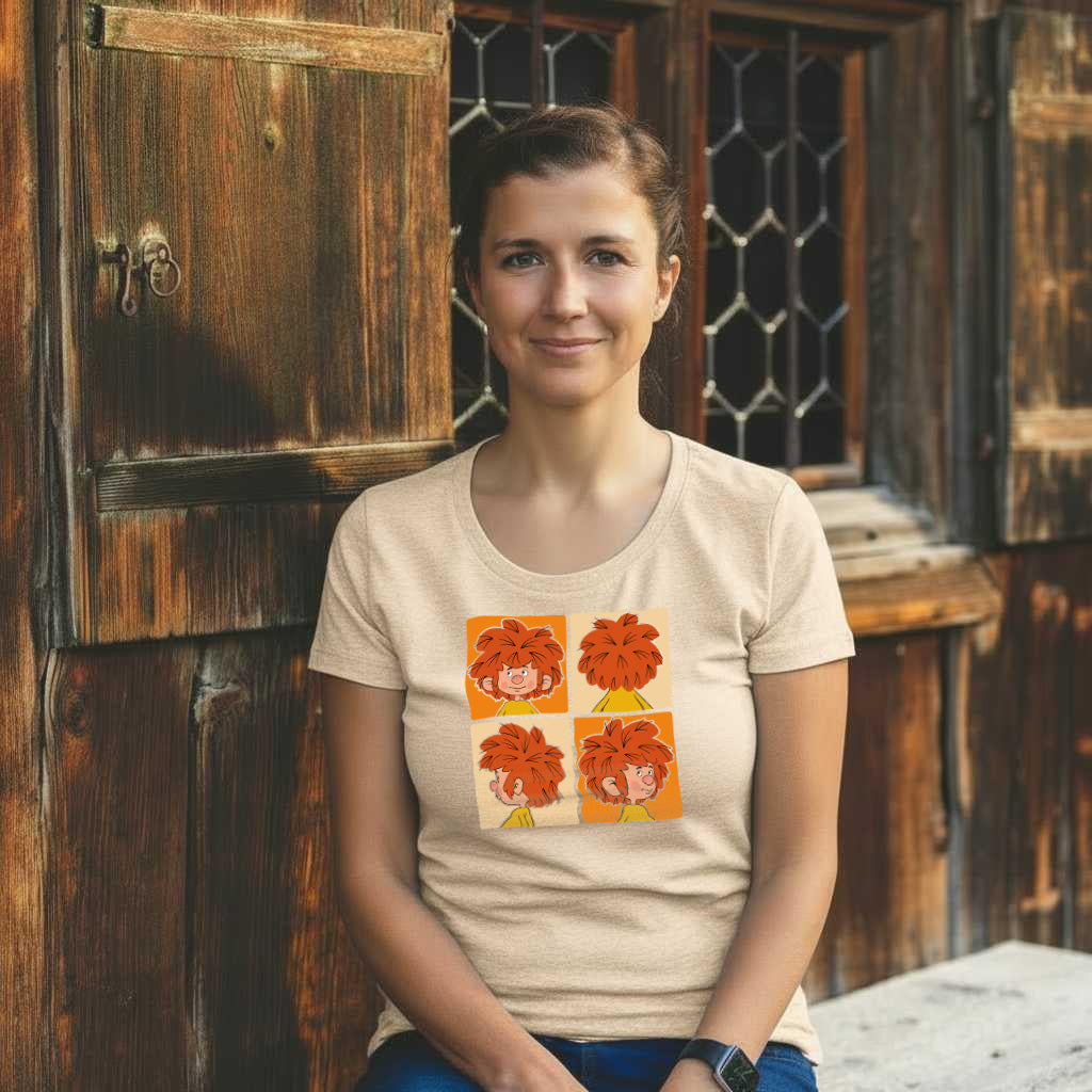 Lachende Frau trägt beiges Pumuckl Damen T-Shirt Schnappschuss mit vier Bildfeldern des Kobolds.