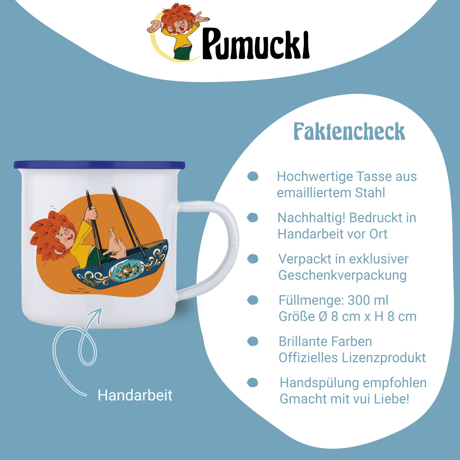 Emailletasse mit Pumuckl-Motiv und „Faktencheck“-Aufdruck, orangefarbene Gestaltung, blauer Trinkrand, 350 ml.