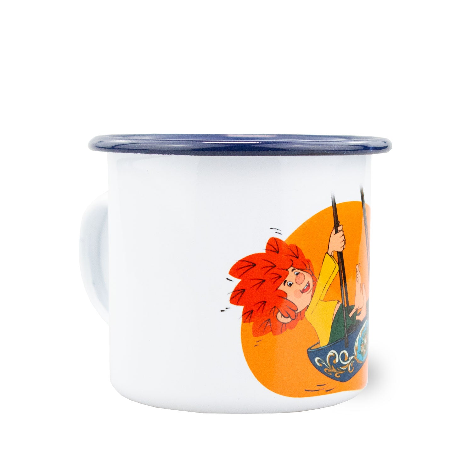 Emaille-Tasse mit Pumuckl-Motiv, orangefarbenem Hintergrund, blauem Rand und Schriftzug „Schiffschaukel“, ca. 350 ml.