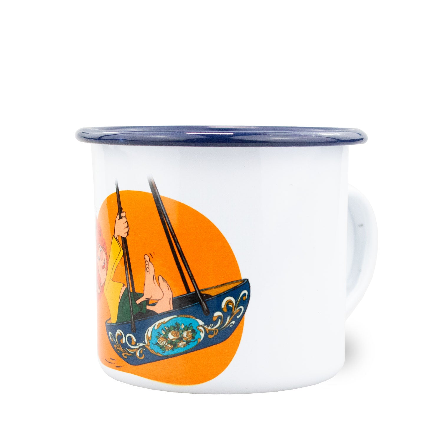 Emaille-Tasse mit Pumuckl-Motiv und „Schiffschaukel“-Schriftzug, orangefarben, blauer Rand, ca. 350 ml, Ø 8 cm.