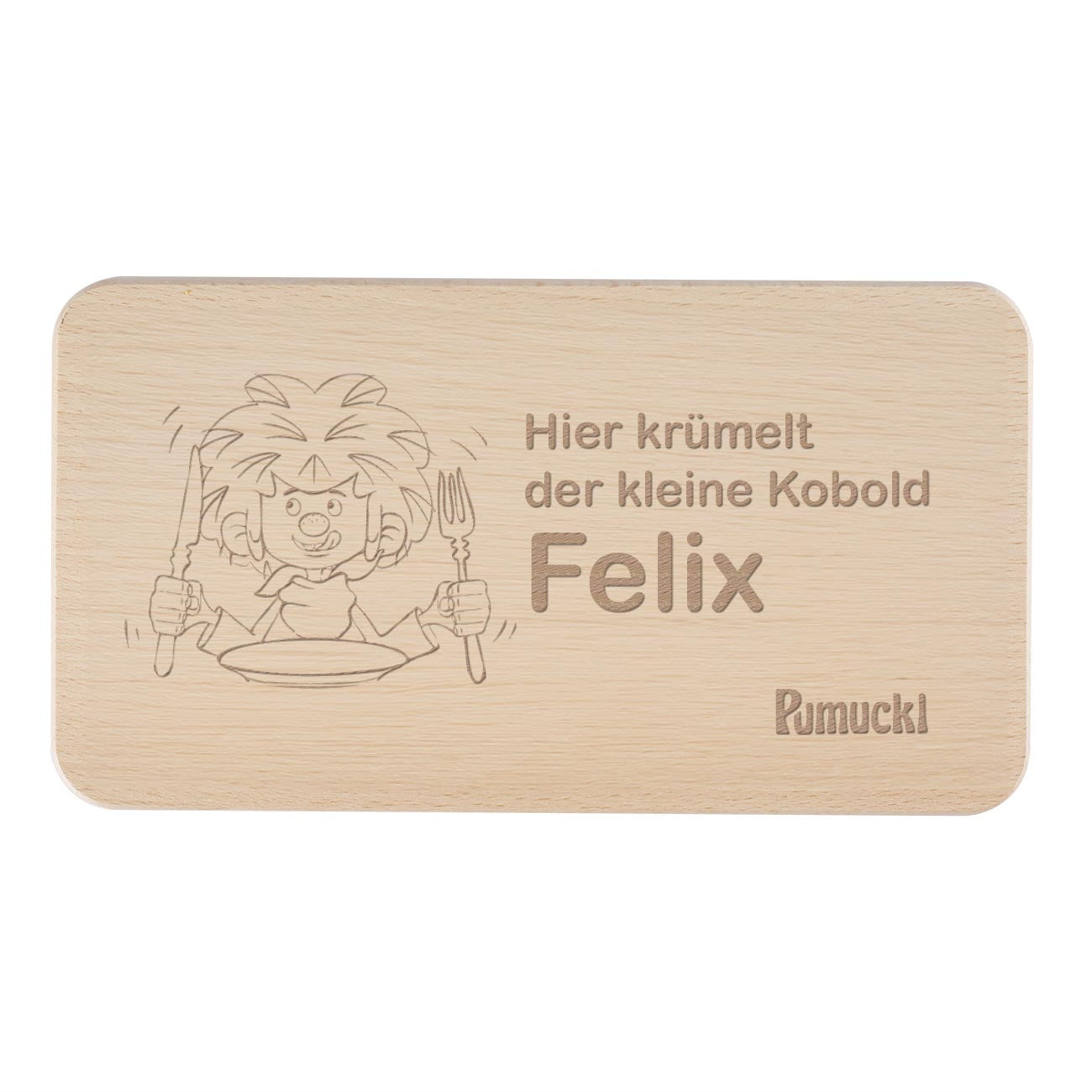 Rechteckiges Frühstücksbrett aus hellem Buchenholz mit Pumuckl-Motiv und graviertem Wunschtext. Maße: 22 × 12 × 1,2 cm.
