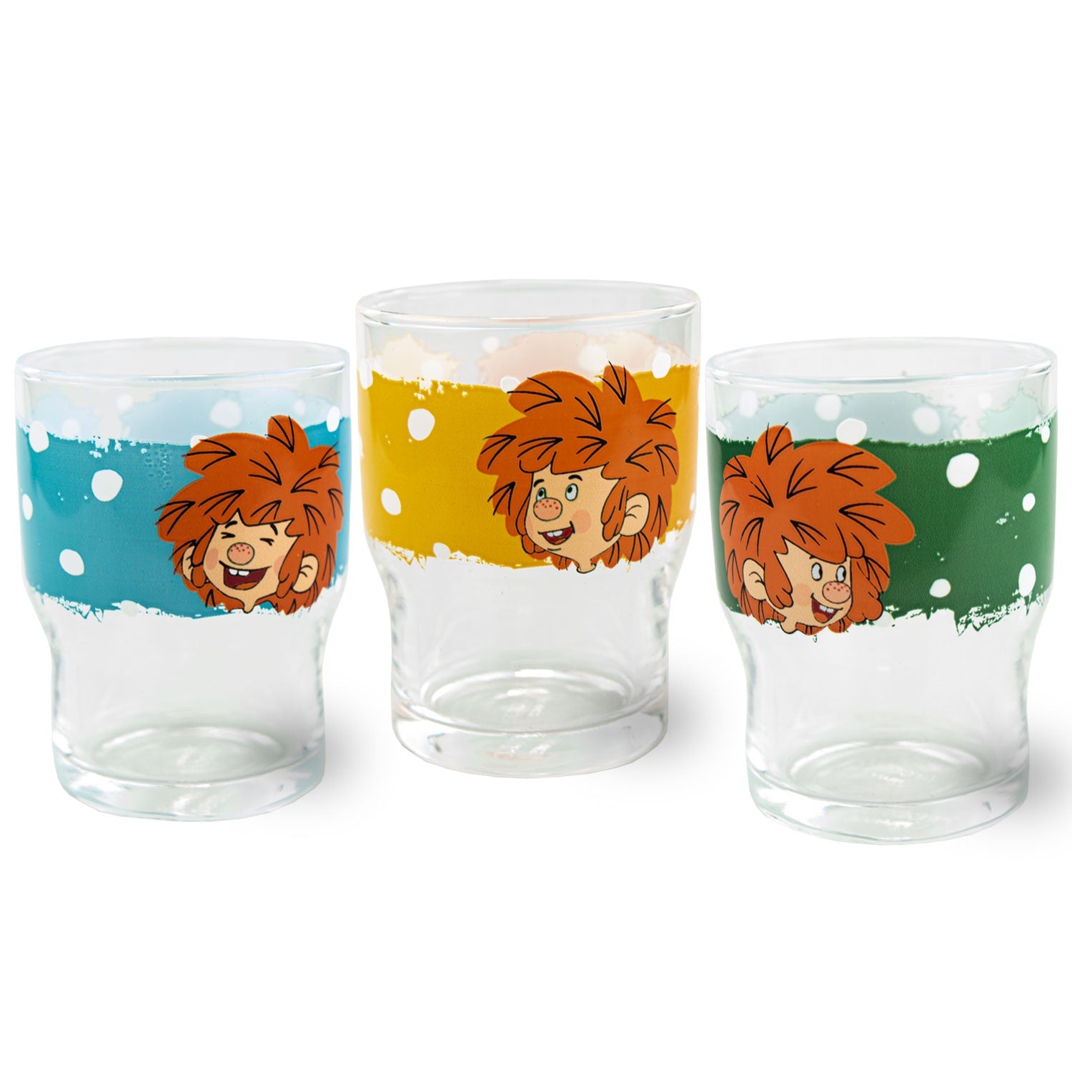 Pumuckl Kinder Trinkglasset: drei bunte Gläser in Blau, Gelb, Grün mit lachendem Pumuckl-Motiv.