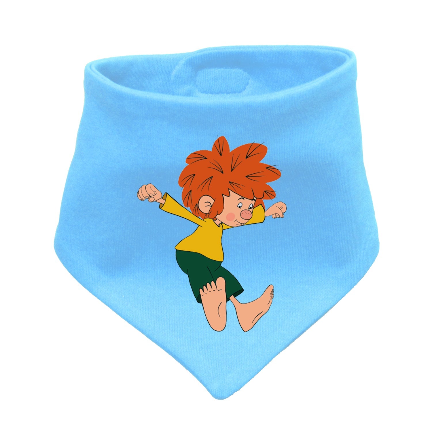 Pumuckl Hunde-Halstuch Bin a dabei, hellblau mit lachendem Pumuckl-Motiv, auf weißem Hintergrund.