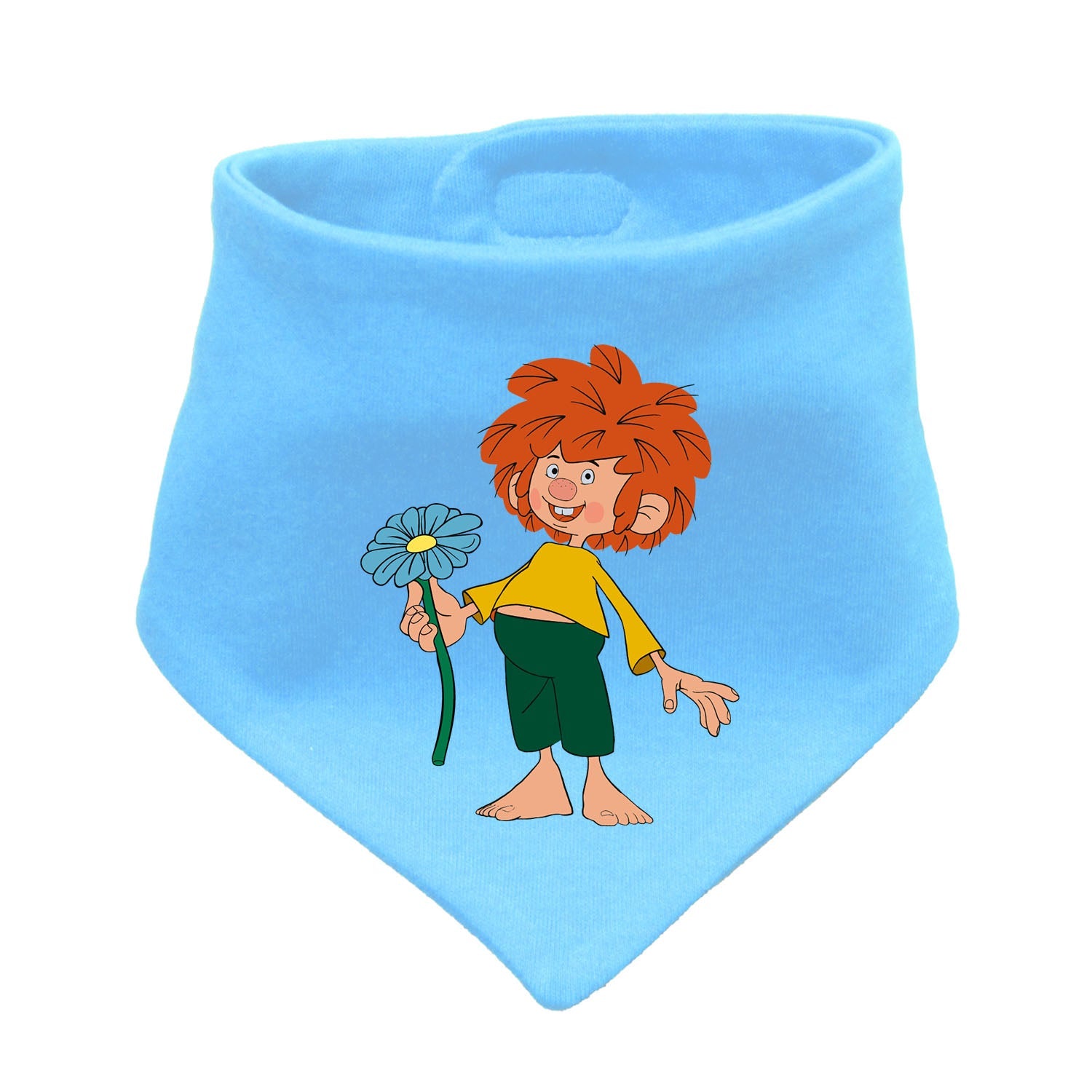 Helles blaues ®Pumuckl Hunde-Halstuch "Schabernack" mit lachendem Pumuckl und blauer Blume Motiv.