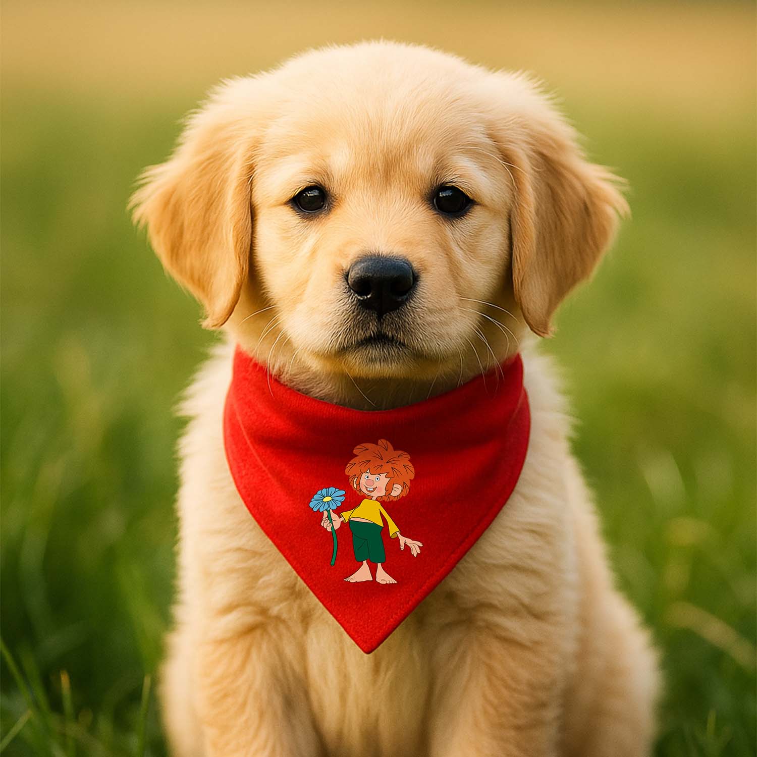 Golden Retriever Welpe mit rotem Pumuckl Hunde-Halstuch Schabernack und blauer Blume in Grünfläche.