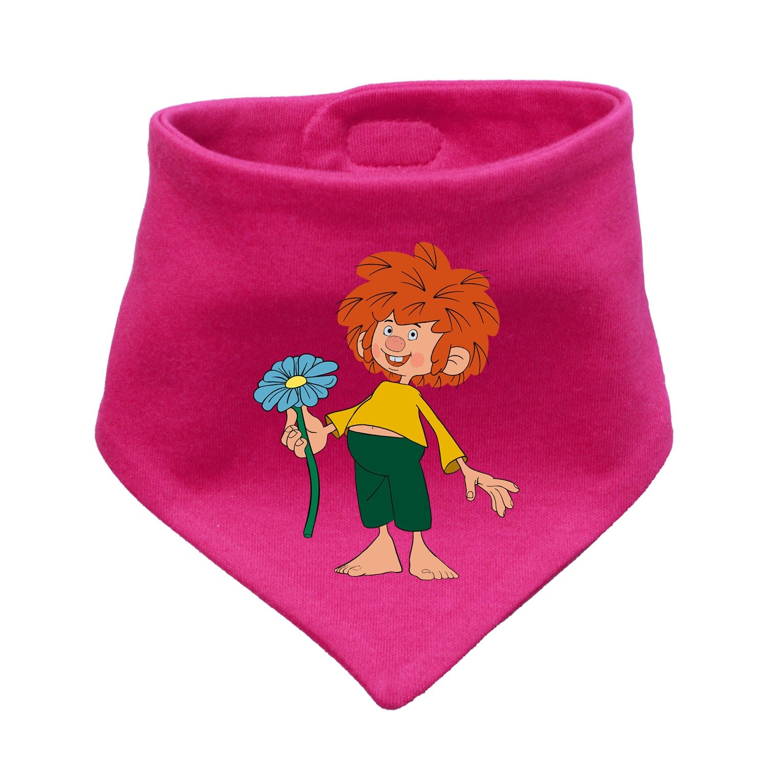 Fuchsrosa Pumuckl Hunde-Halstuch "Schabernack" mit lachendem Pumuckl, der eine blaue Blume hält.