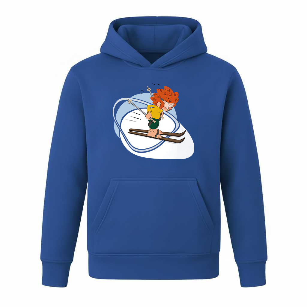 Blauer ®Pumuckl Kinder Hoodie mit dynamischem Skifahren-Motiv des Pumuckl, perfekt für junge Fans.