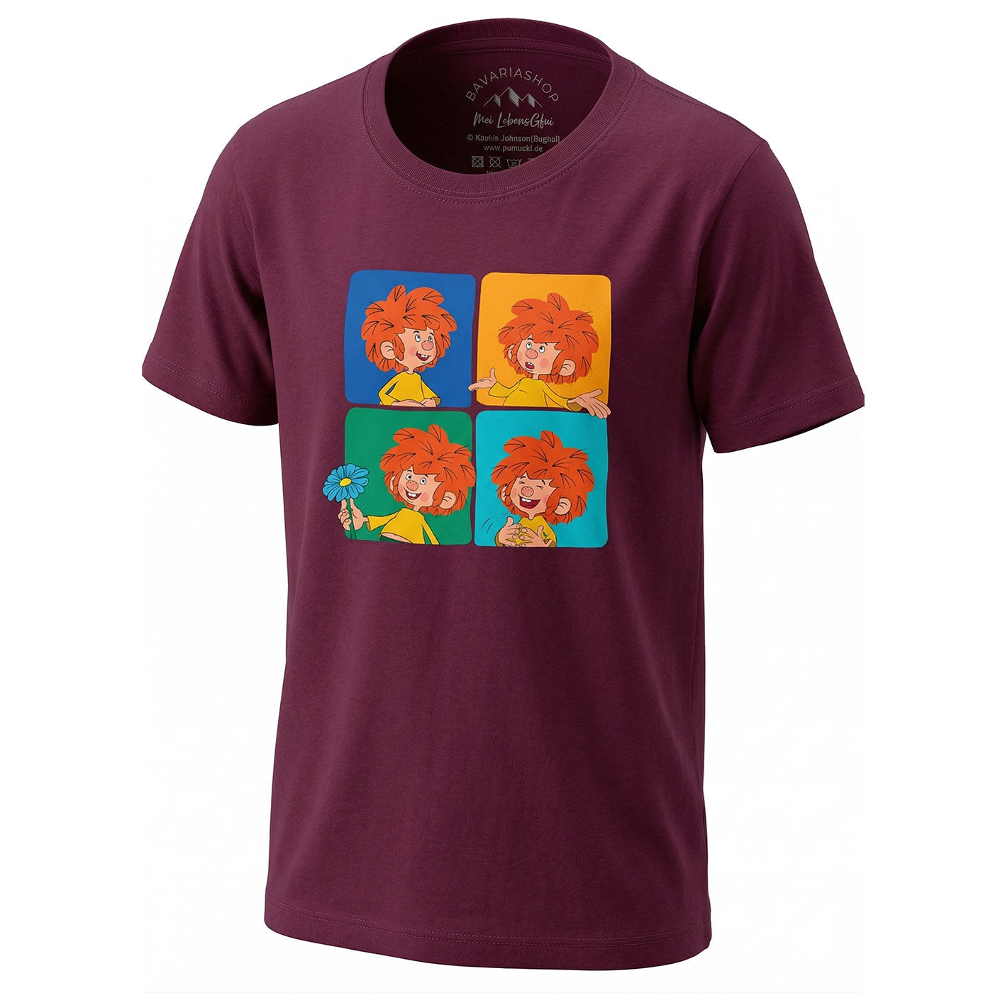 Bordeauxfarbenes Kinder T-Shirt mit farbenfrohem Pumuckl-Motiv in vier unterschiedlichen Stimmungen