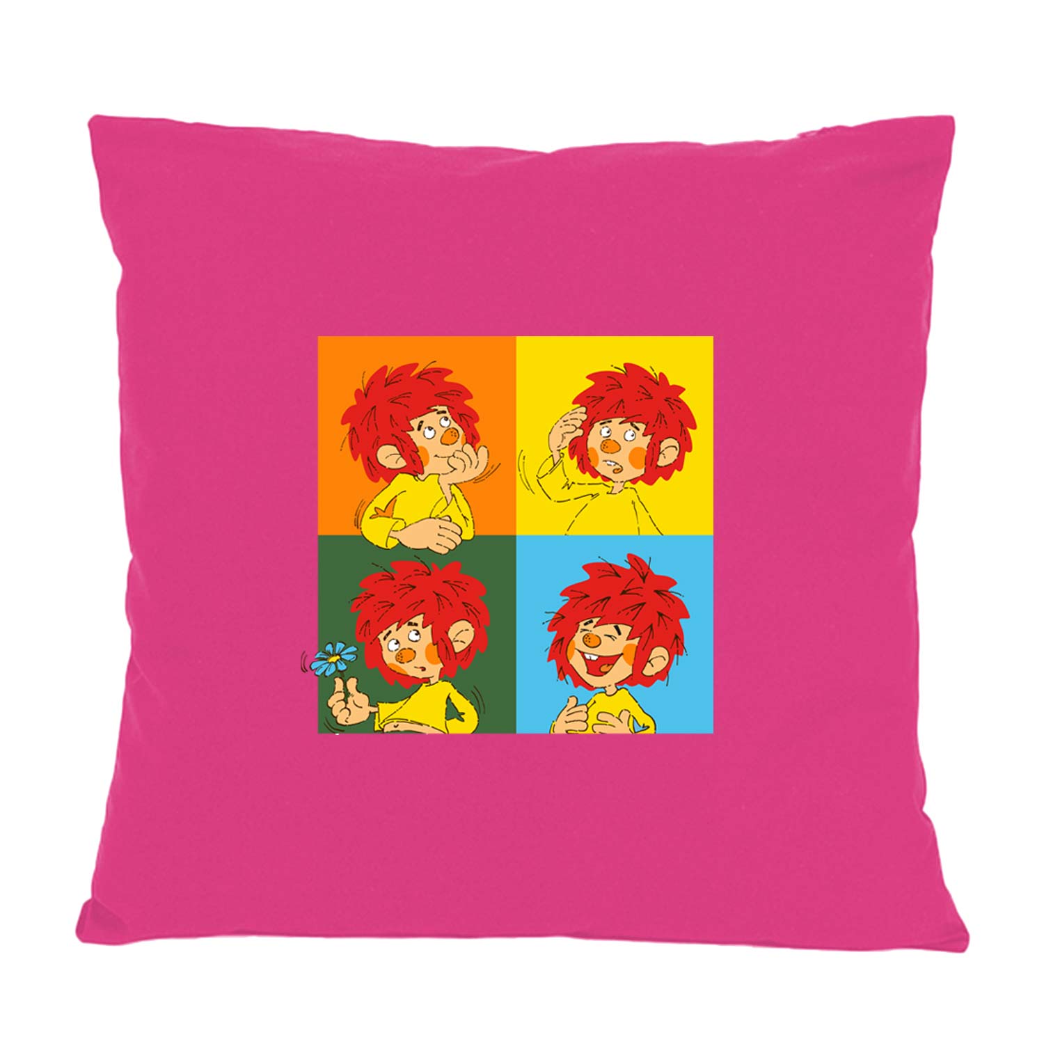 Pinkes Kissen mit vier verschiedenen Pumuckl-Motiven in bunten Quadraten, fröhliches Design