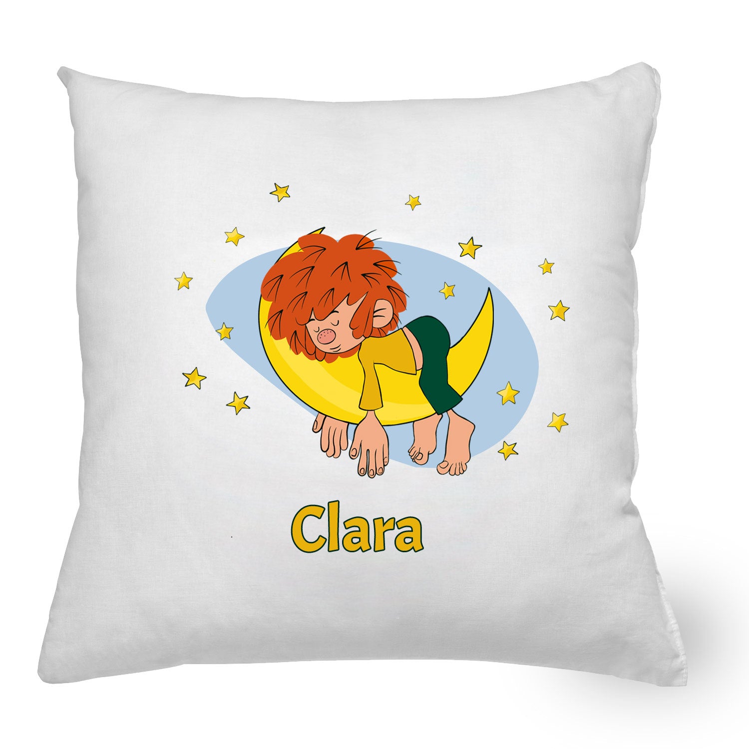 Quadratisches Kuschelkissen mit Pumuckl-Motiv, Spruch „Hurra, hurra, der Pumuckl mit Name ist da!“ und Wunschnamen-Aufdruck.