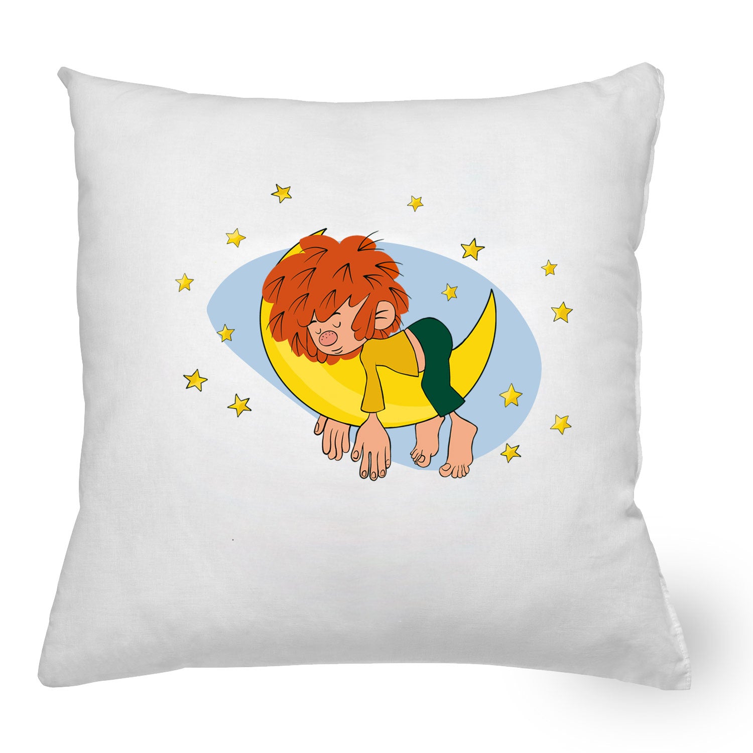 Quadratisches Kuschelkissen mit Pumuckl-Motiv, personalisiertem Namensdruck und mittig platziertem Spruch.