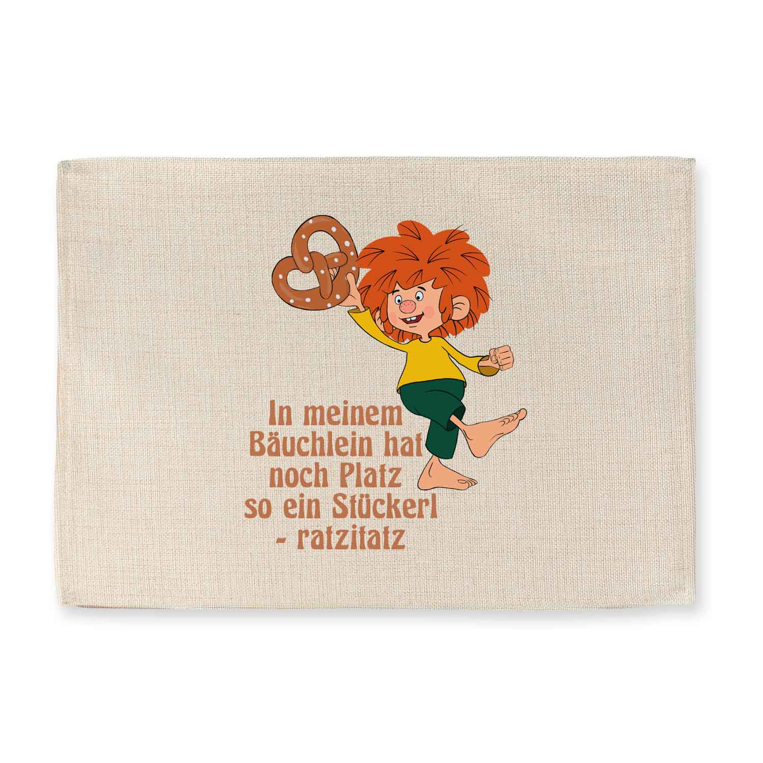 Pumuckl Tischset Brezn Stückerl abwaschbar mit Koboldfigur und Brezel, Spruch auf hellem Stoff.