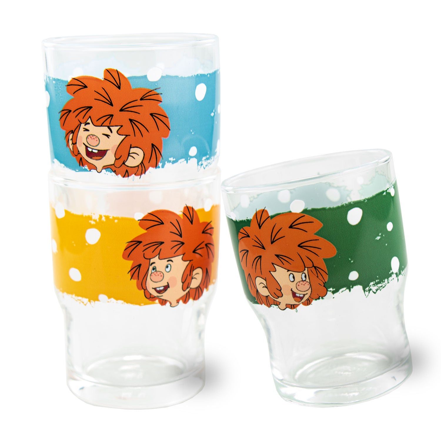 3 Pumuckl-Kindertrinkgläser aus Glas mit buntem Pumuckl-Motiv, stapelbar, je 180 ml Fassungsvermögen.