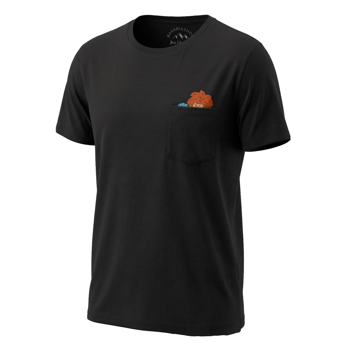 Schwarzes Pumuckl T-Shirt mit Schabernack-Motiv in Brusttasche, aus Baumwolle für Herren.
