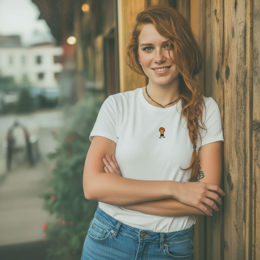 Lachende Frau mit rotem Zopf trägt weißes ®Pumuckl Damen T-Shirt Grantla und Jeans, lässig an Holzwand gelehnt.