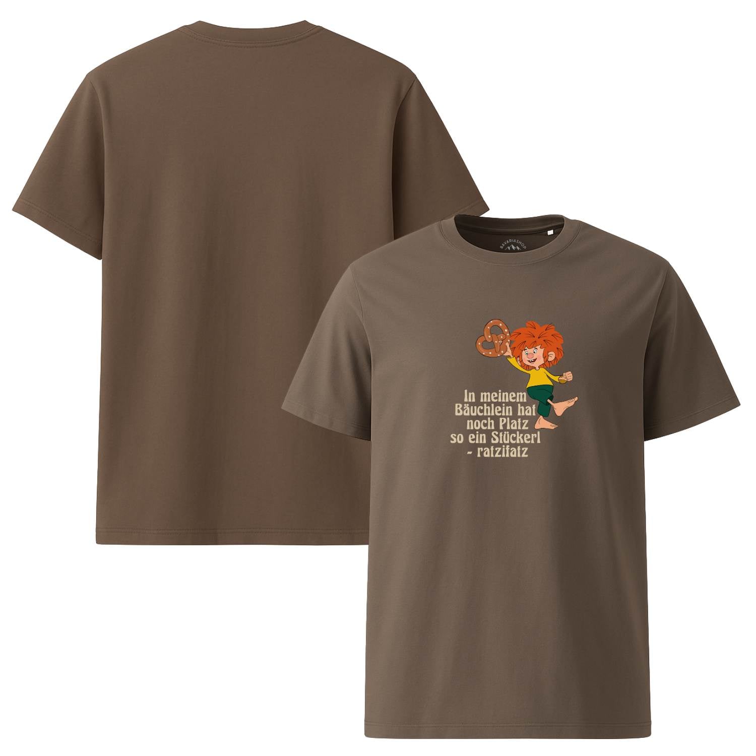 Pumuckl Herren T-Shirt "Brezn Stückerl" in Braun mit Pumuckl und Brezel als Aufdruck und Spruch