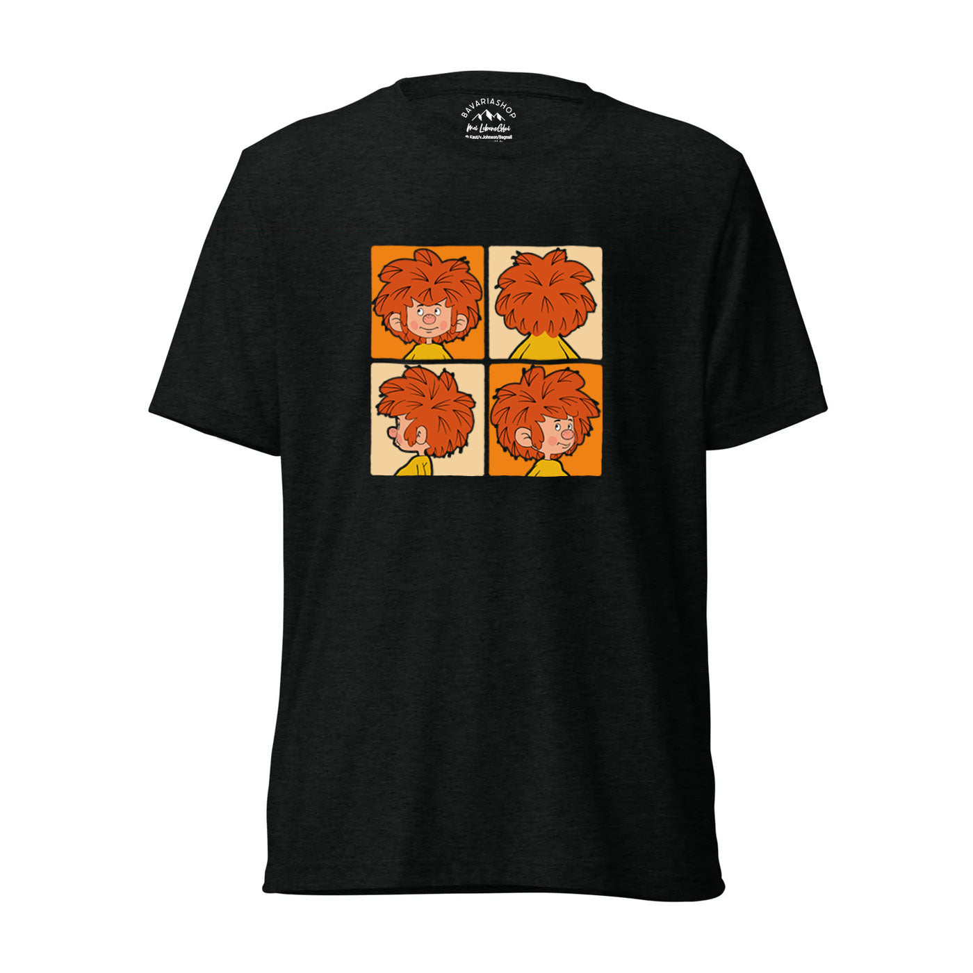 Schwarzes Pumuckl Herren T-Shirt "Schnappschuss" mit vier Comic-Ansichten des Pumuckl von vorne und hinten.