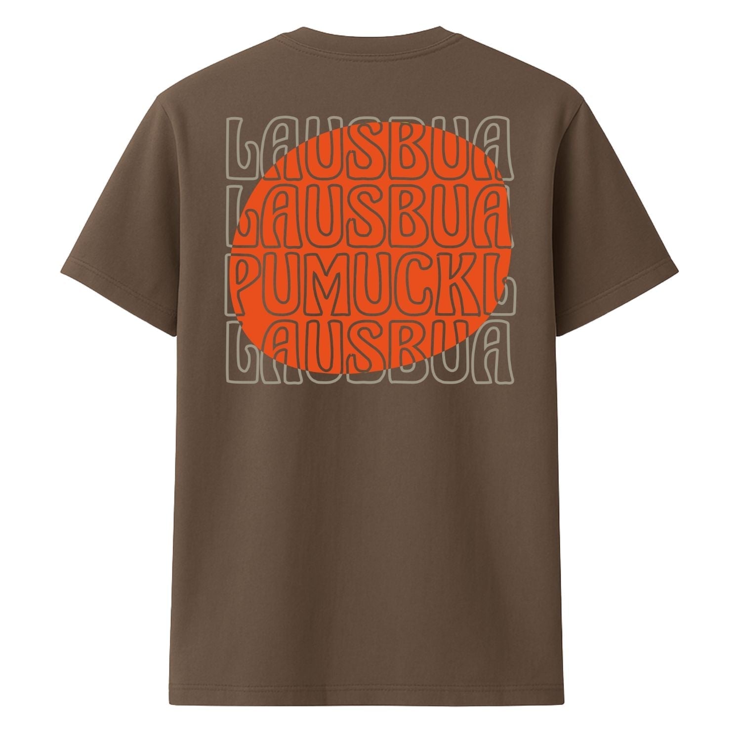 Braunes Pumuckl Herren T-Shirt "Lausbua" mit orangem und grauem Schriftzug im Retro-Design.