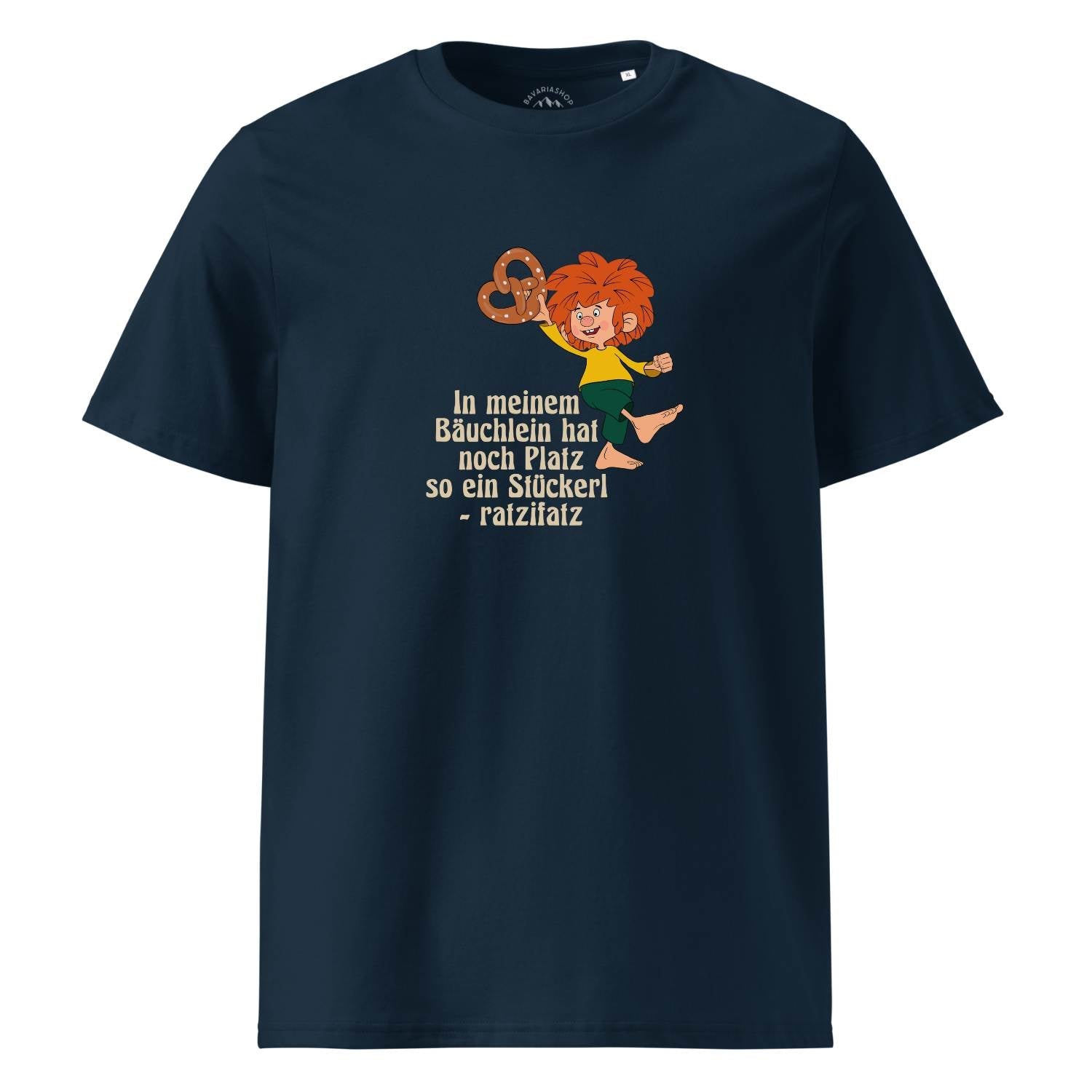Pumuckl Herren T-Shirt "Brezn Stückerl" in marineblau mit Pumuckl-Motiv und Spruch "In meinem Bäuchlein hat noch Platz so ein Stückerl - ratzifatz".