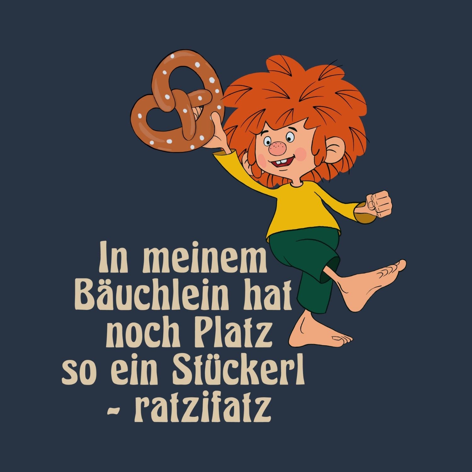 Pumuckl Herren T-Shirt "Brezn Stückerl" mit lachendem Pumuckl, der eine Brezel hält und Spruch.