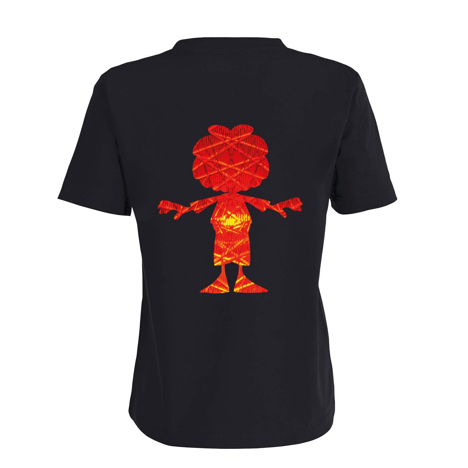 Rückansicht des schwarzen Pumuckl Kinder T-Shirts Ampel-Edition mit leuchtend rotem Pumuckl-Motiv auf dem Rücken.