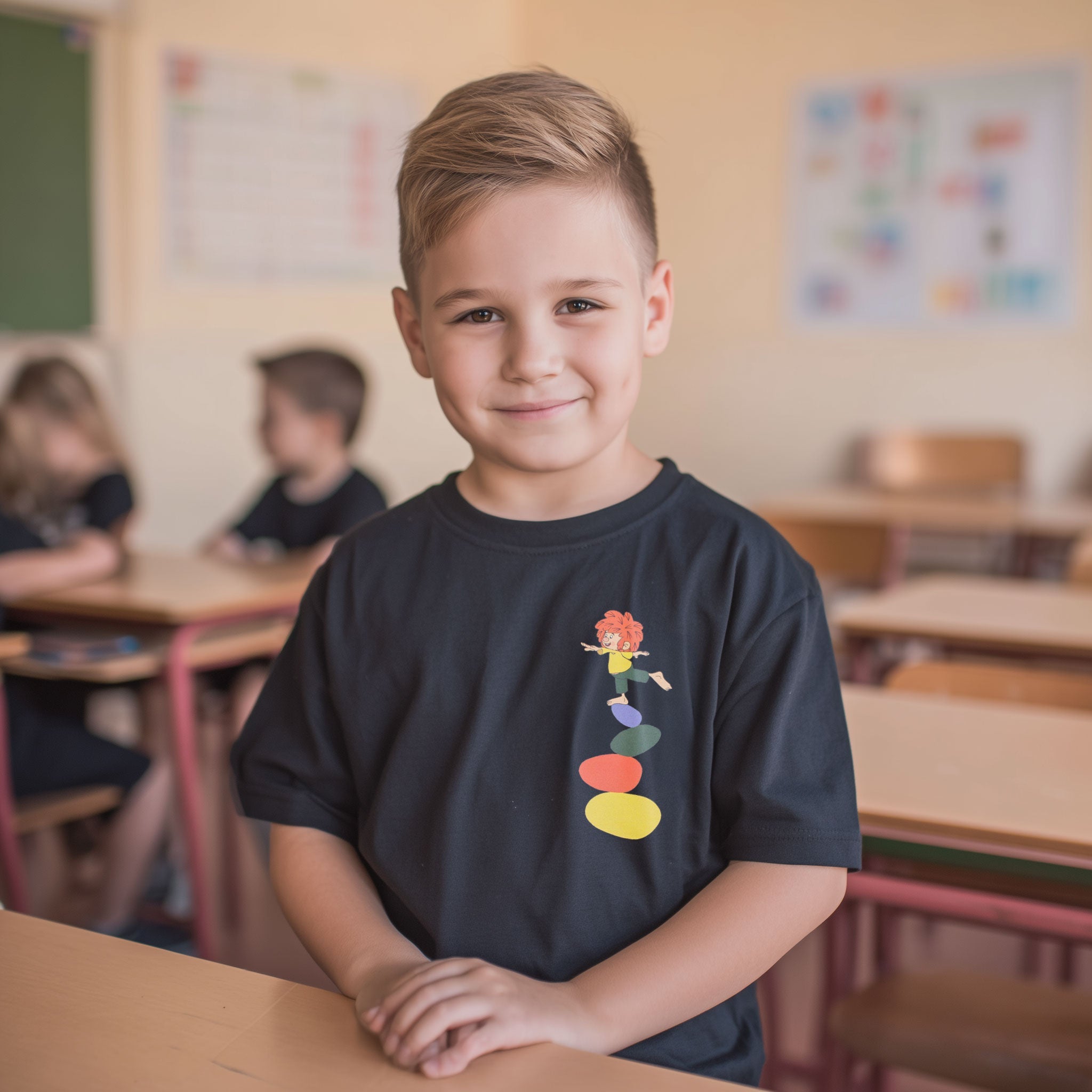 Lächelnder Junge in schwarzem Pumuckl Kinder T-Shirt Balance mit bunten Steinen im Klassenzimmer.