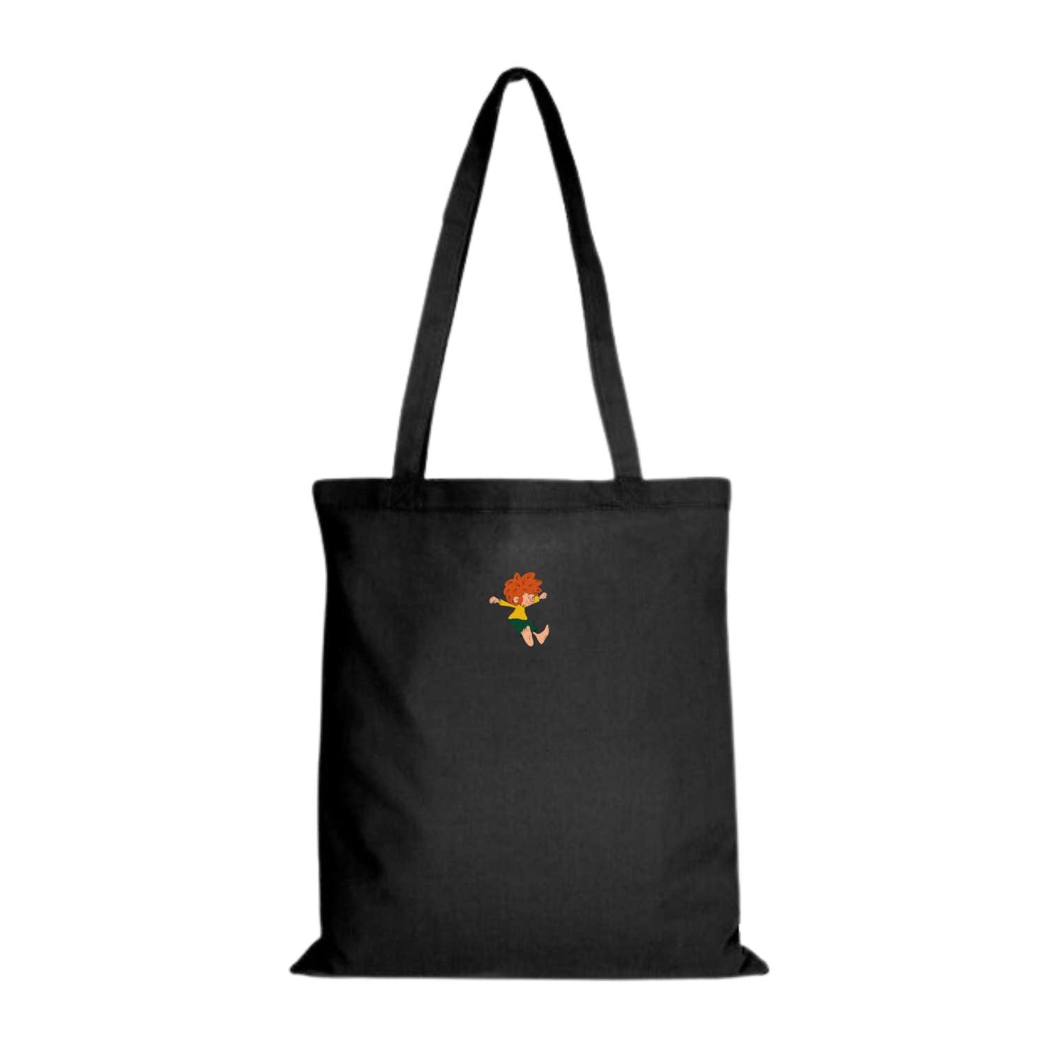 Schwarze Pumuckl Tasche Bin a dabei mit lustigem Kobold-Motiv und langen Henkeln für Fans