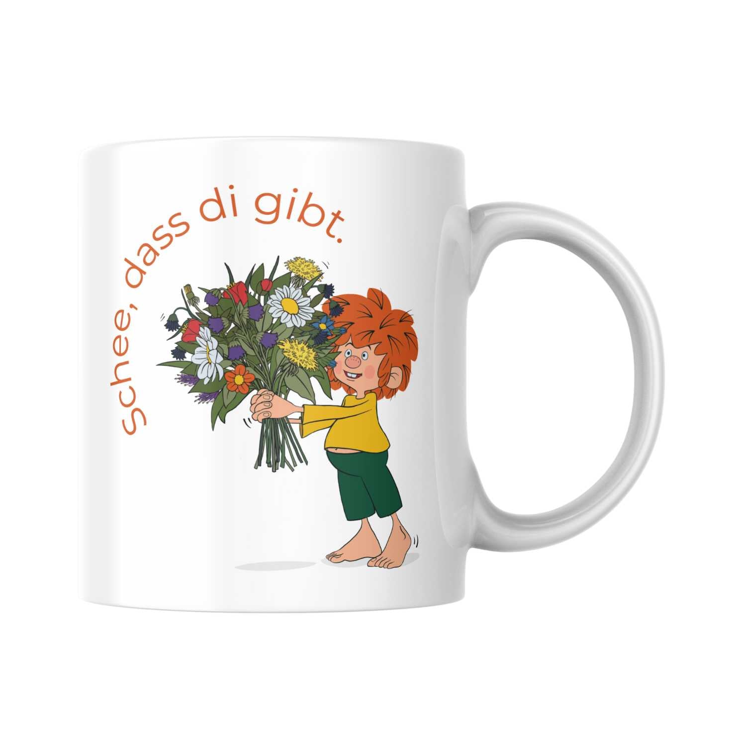 Pumuckl Tasse „Schee, dass di gibt.“ mit Kobold und Blumenstrauß, weißem Keramik-Becher und Henkel.