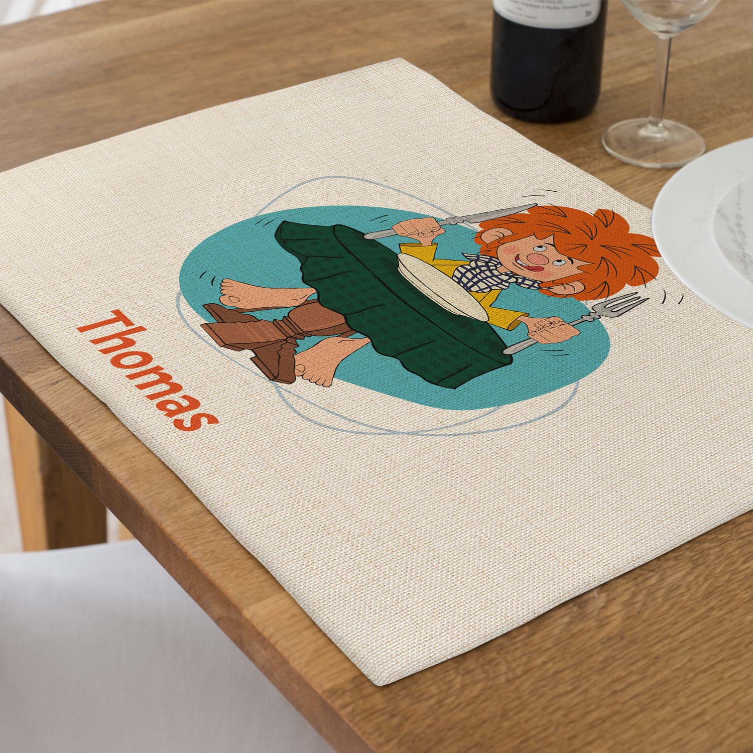 Pumuckl Tischset mit Namensaufdruck, rechteckig, abwaschbar, Jute-Optik, buntes Motiv, 40,5 x 30,5 cm