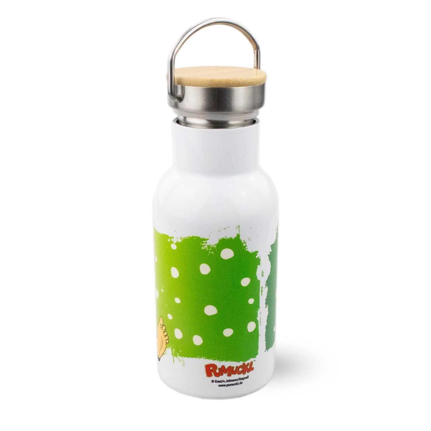 Pumuckl Thermo Trinkflasche aus Edelstahl, weiß mit grünem Klecks-Design und Holzdeckel