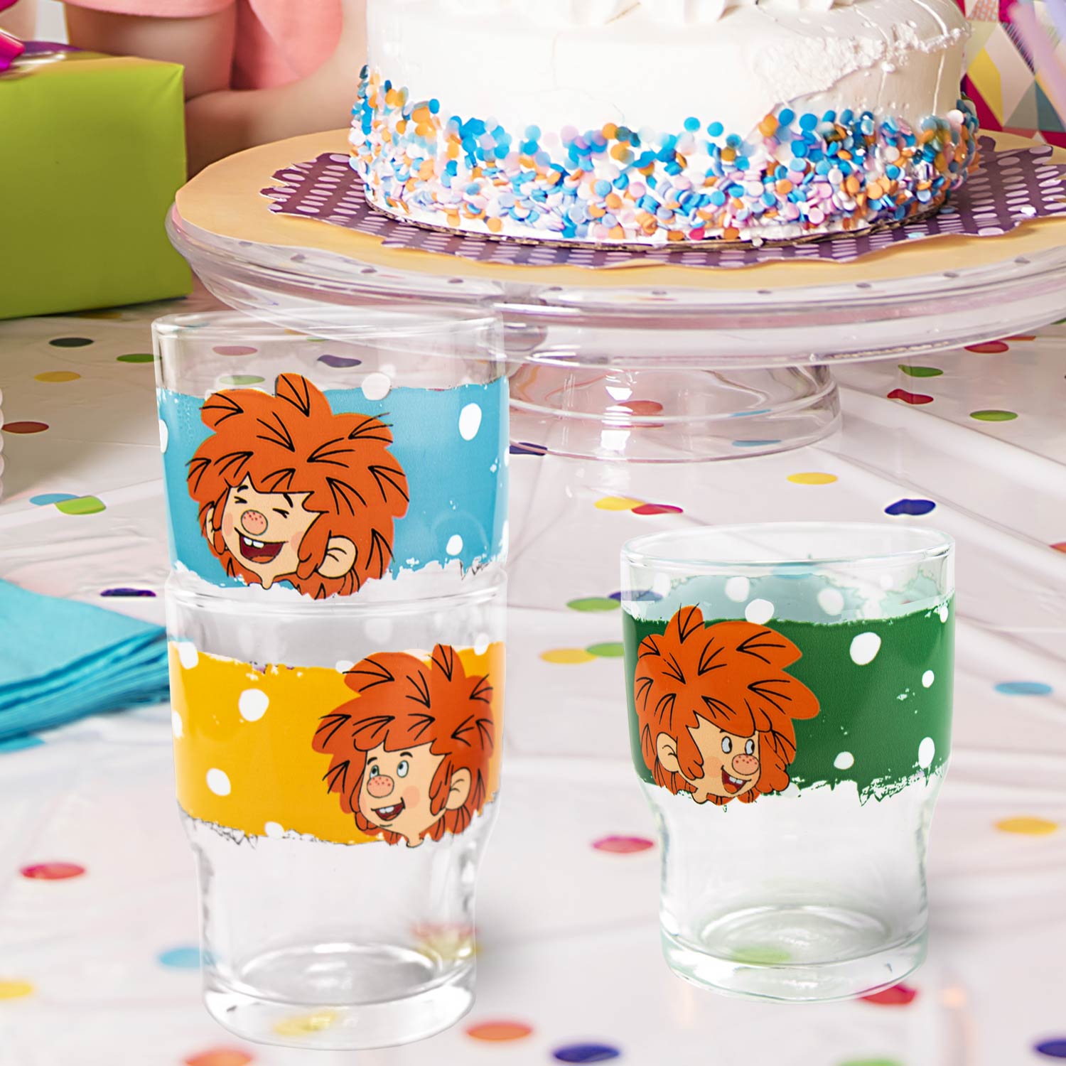 3-teiliges Kinder-Trinkglas-Set mit Pumuckl-Motiven; stapelbare Saftgläser aus Glas, je 180 ml Fassungsvermögen.