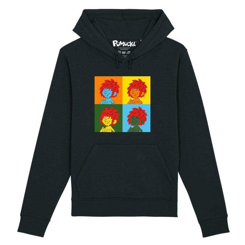 Damen Hoodie mit Pumuckl Pop-Art-Motiv auf der Front, Kapuze, Kordelzug und Kängurutasche, 85% Bio-Baumwolle, 15% recyceltes Polyester.