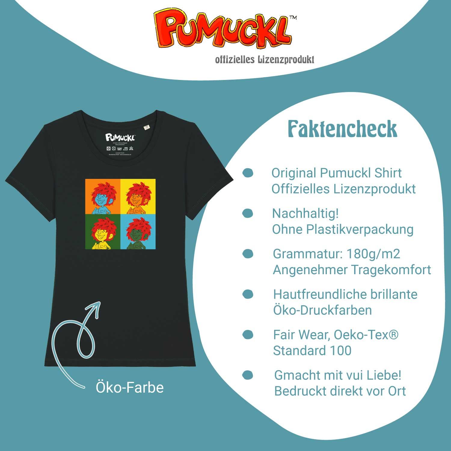 Damen-T-Shirt mit großem Pop-Art-Motiv von Pumuckl auf der Vorderseite, aus 100 % Bio-Baumwolle, 180 g/m².