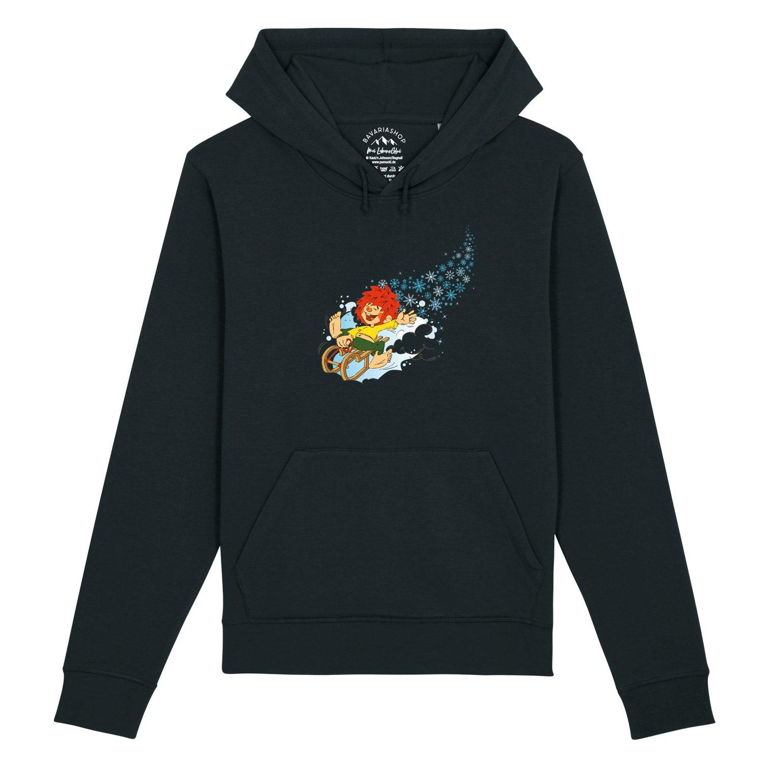 Dunkelblauer ®Pumuckl Herren Hoodie Winter-Kobold mit Kobold auf Schlitten und fallenden Schneeflocken.