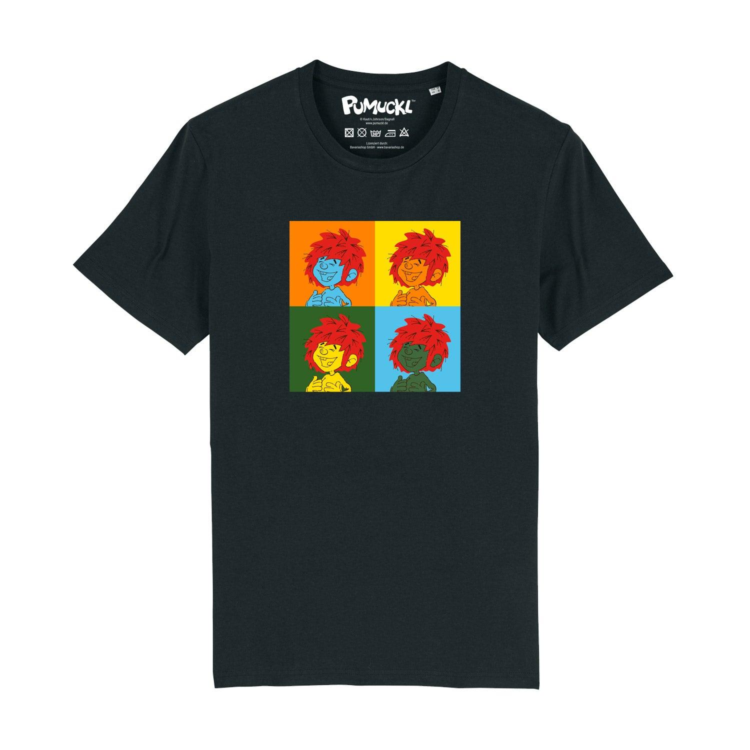 Herren-T-Shirt mit Pop-Art-Pumuckl-Motiv und Schriftzug, aus 100 % Bio-Baumwolle, Grammatur 180 g/m².