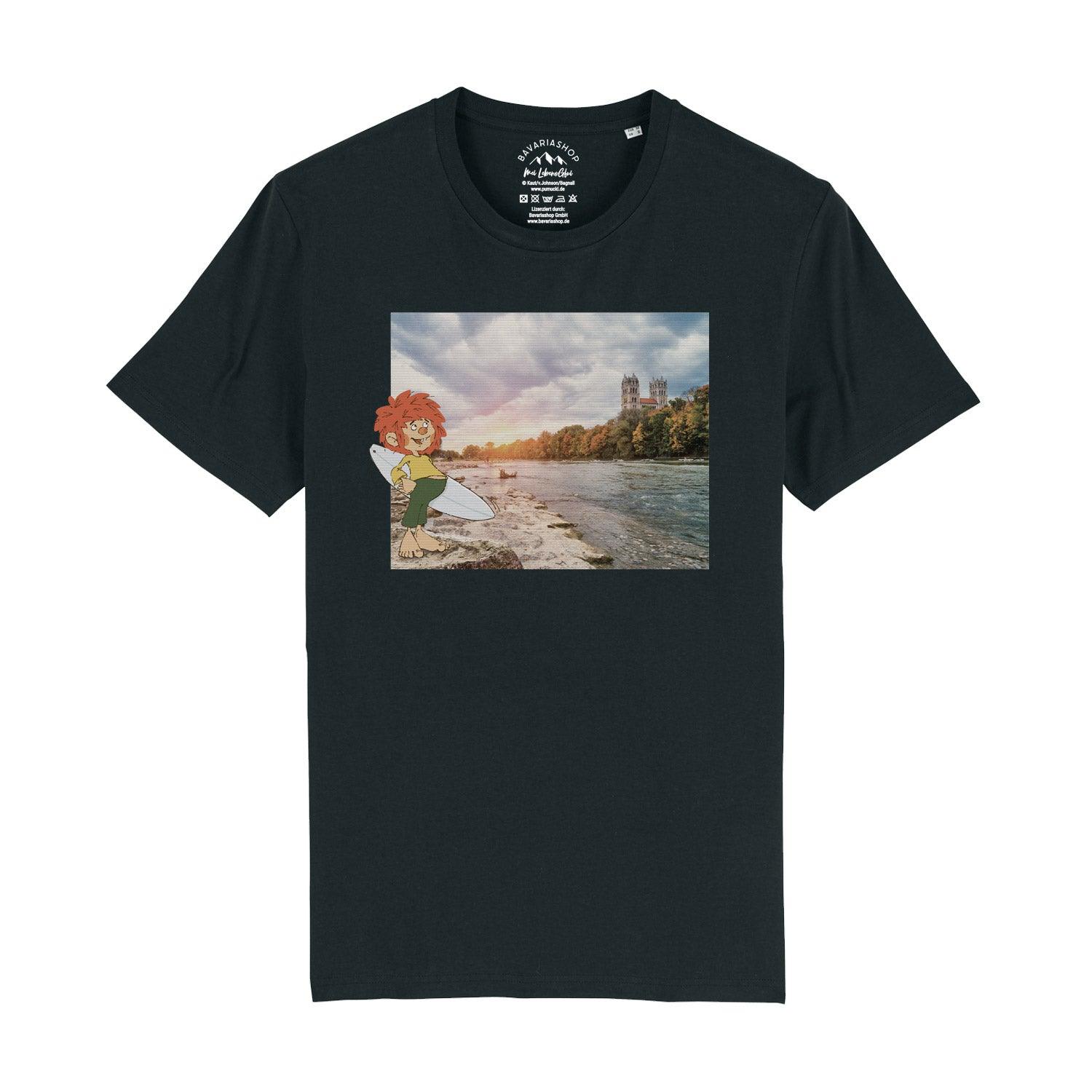 Herren-T-Shirt mit Retro-Print eines surfenden Kobolds, gefertigt aus 100 % Bio-Baumwolle, Grammatur 180 g/m².