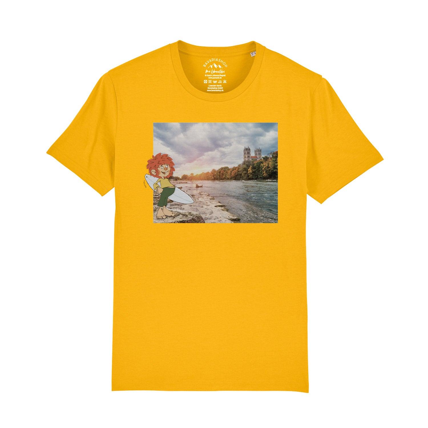 Herren-T-Shirt mit Retro-Motiv von Pumuckl auf Surfbrett, Rundhals, aus 100 % Bio-Baumwolle, 180 g/m².