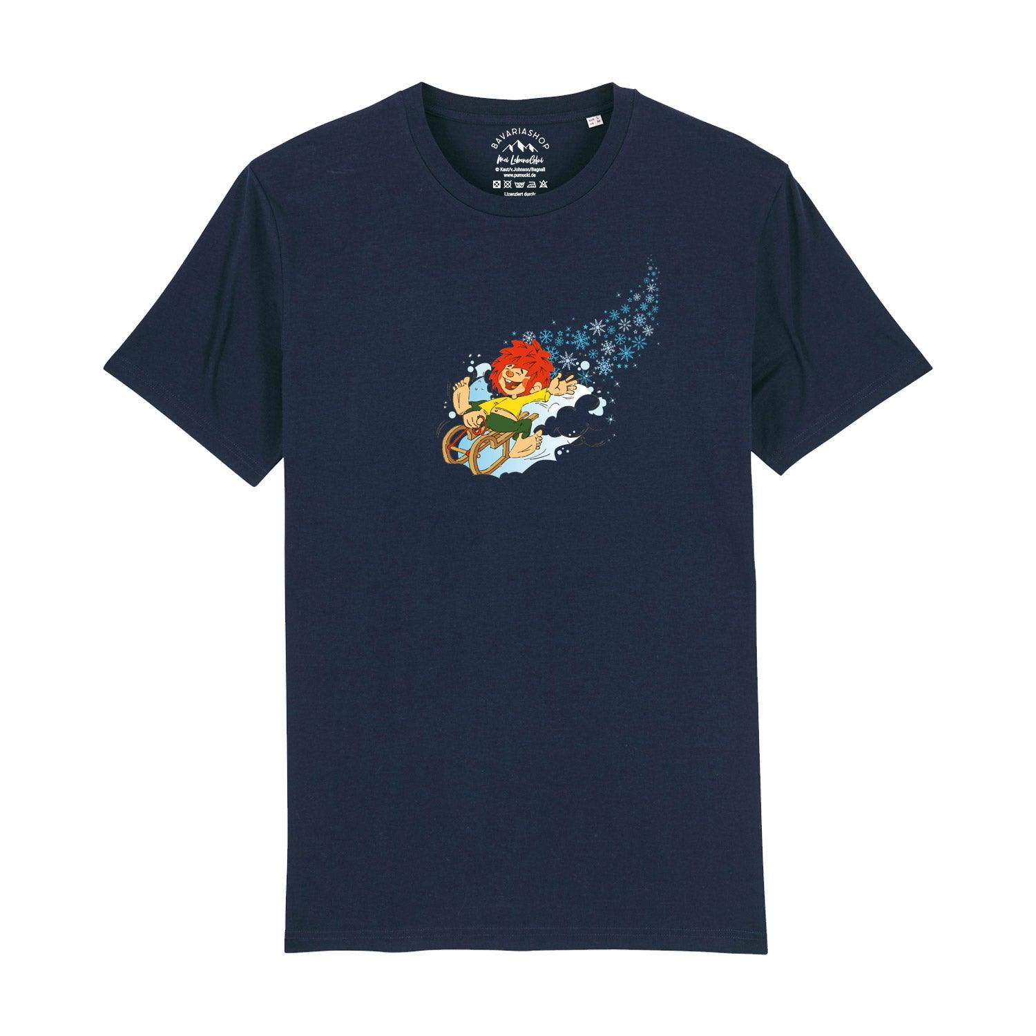 Herren T-Shirt mit Pumuckl-Wintermotiv auf der Vorderseite, aus 100 % Bio-Baumwolle, 180 g/m².