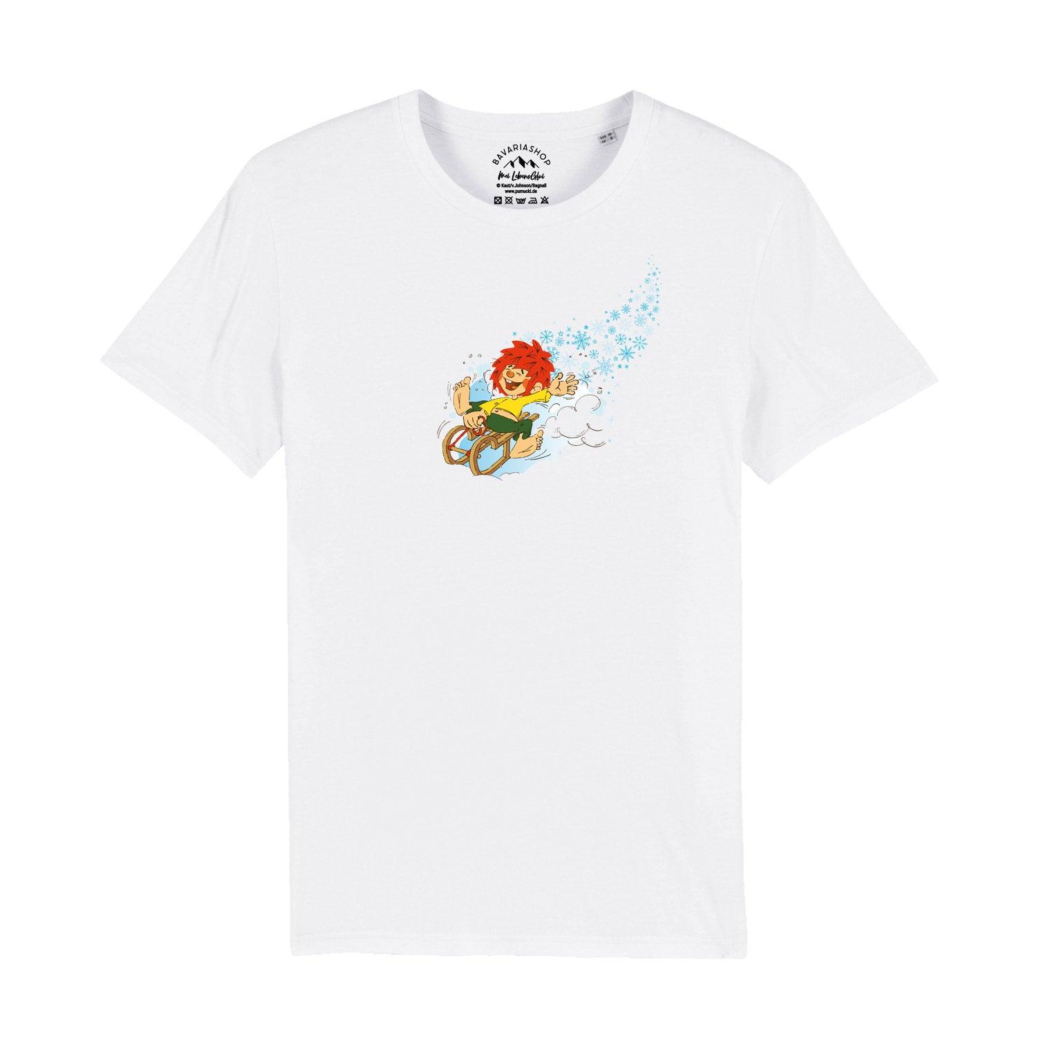 Herren T-Shirt mit Pumuckl-Wintermotiv, kurzärmelig, Rundhalsausschnitt, aus 100 % Bio-Baumwolle, 180 g/m².