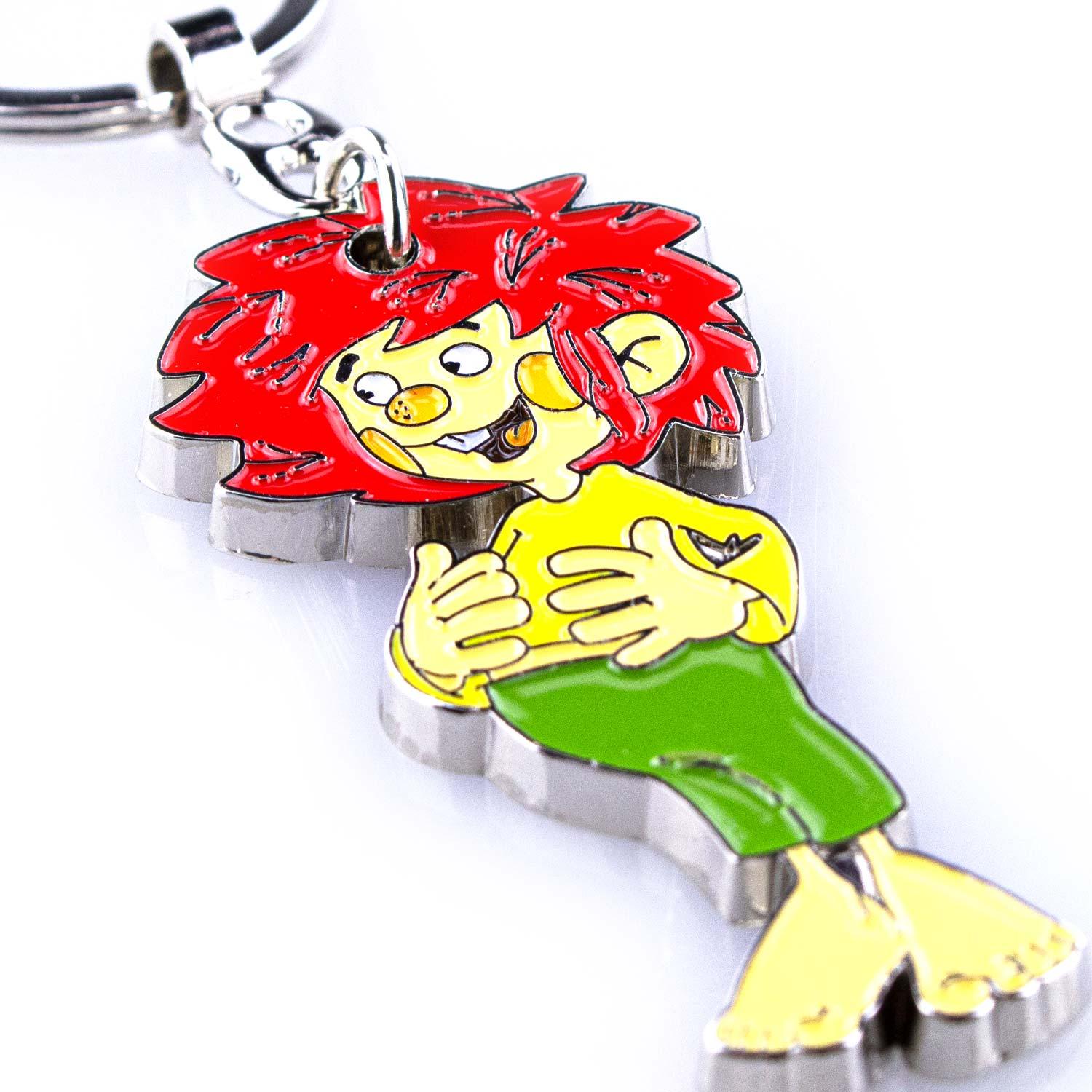Emaillierter Schlüsselanhänger mit Pumuckl-Motiv, kräftige Farben, Metallring, ca. 11 cm lang.