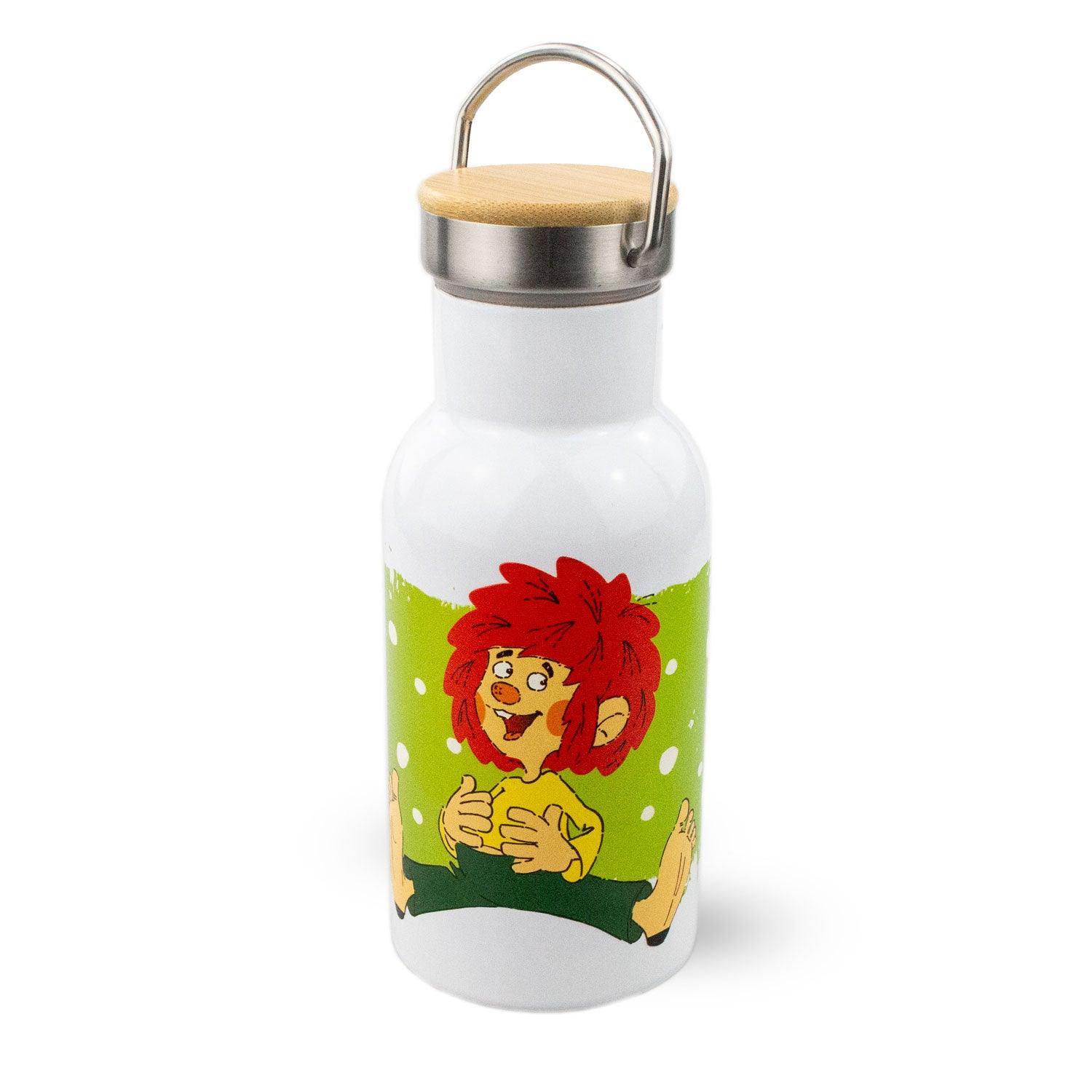 Doppelwandige Thermo-Trinkflasche mit Pumuckl-Motiv, Bambus-Schraubdeckel und Tragegriff, 350 ml Edelstahl.