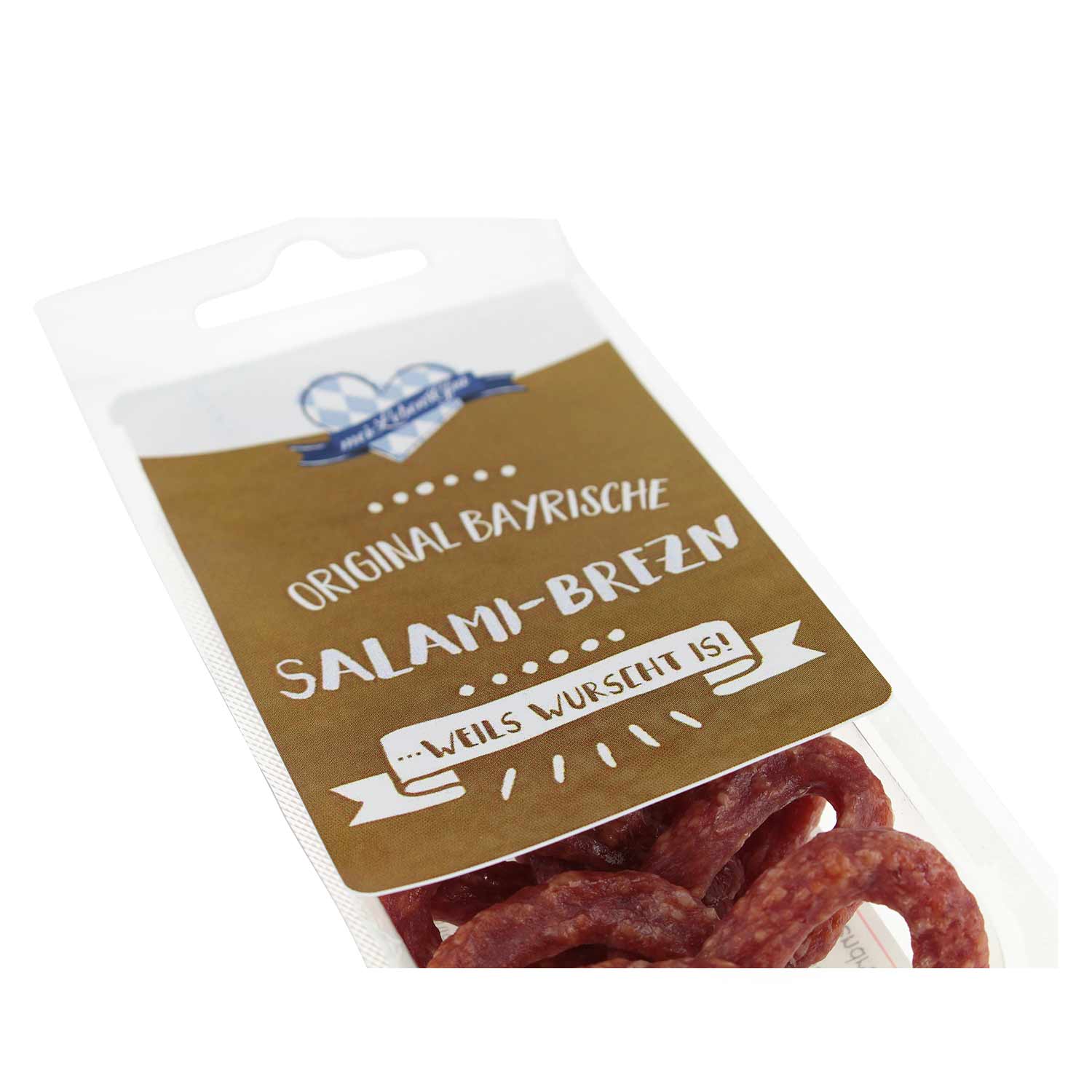 Bayrische Salami in Brezenform mit glänzender Oberfläche, dunkelrot gefärbt, reduziert wegen kurzem MHD bis 07.02.2025.
