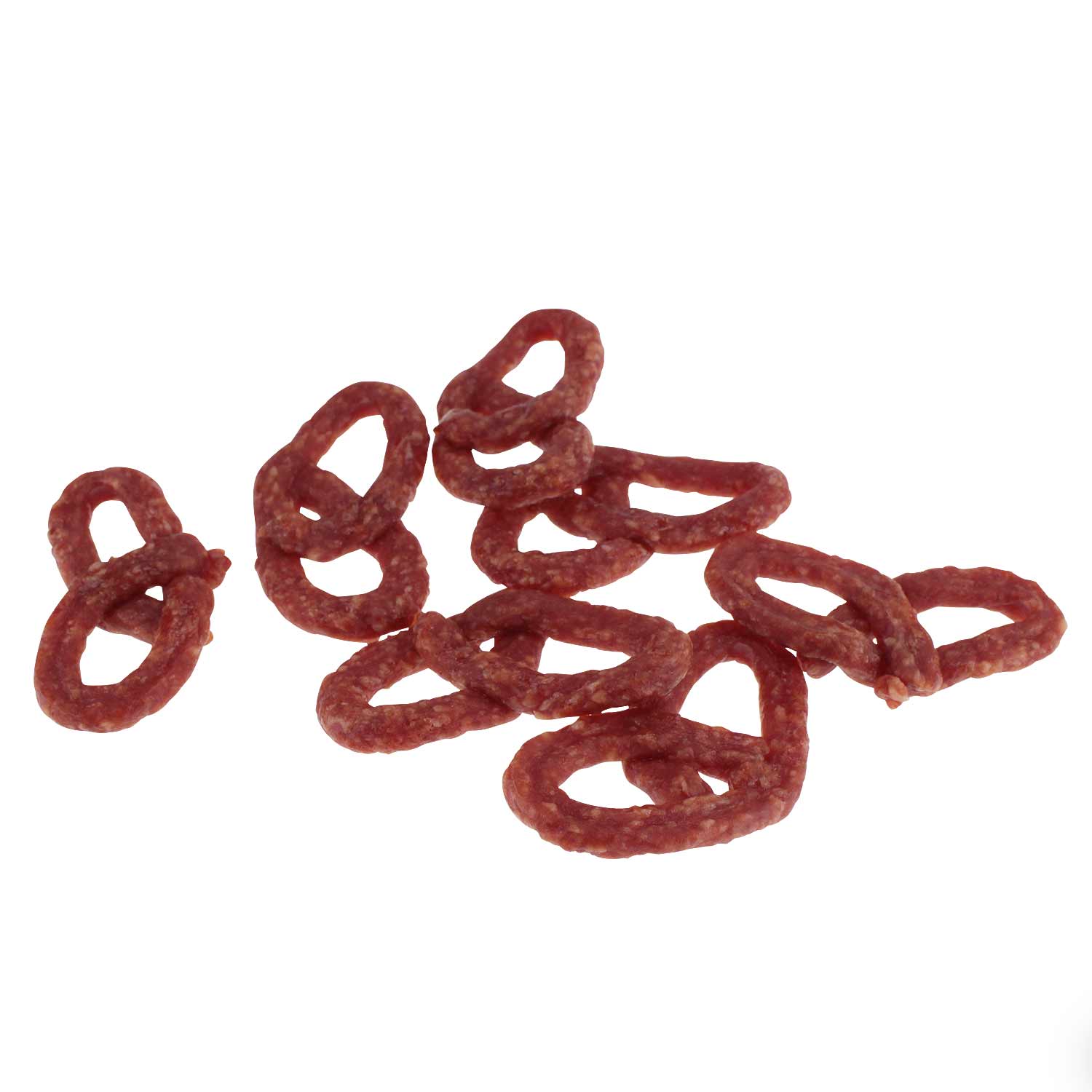 Bayrische Salami-Brezn in Brezelform aus fein strukturierter Rohwurst, sichtbar luftgetrocknet, rötlich-braun.